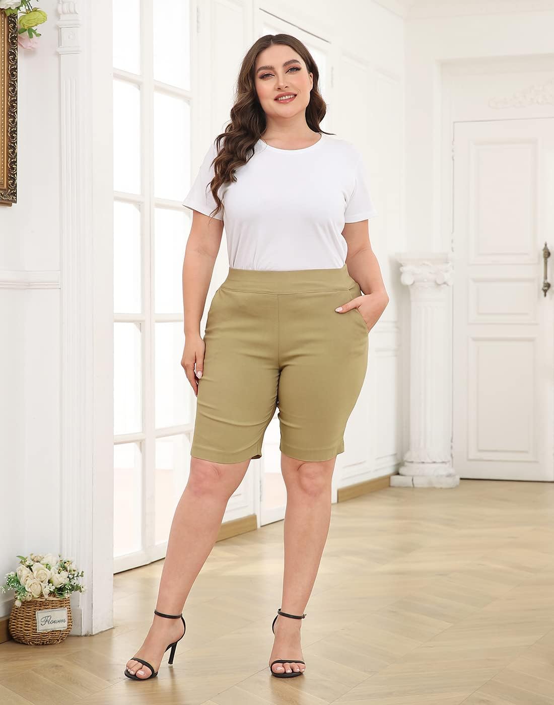 HDE Women's Plus Size Bermuda Shorts Mid Rise 10" Inseam Shorts with Pockets