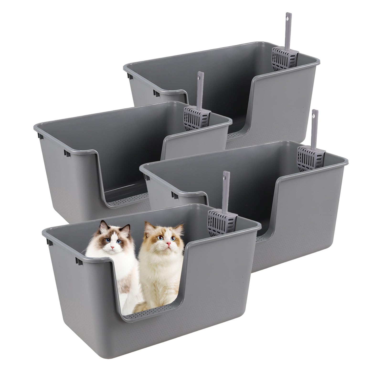 Ziglous 4 Packs Large Plastic High Side Litter Box, Anti-Splashing Kitty Litter Trays with Scoop, Gray,
