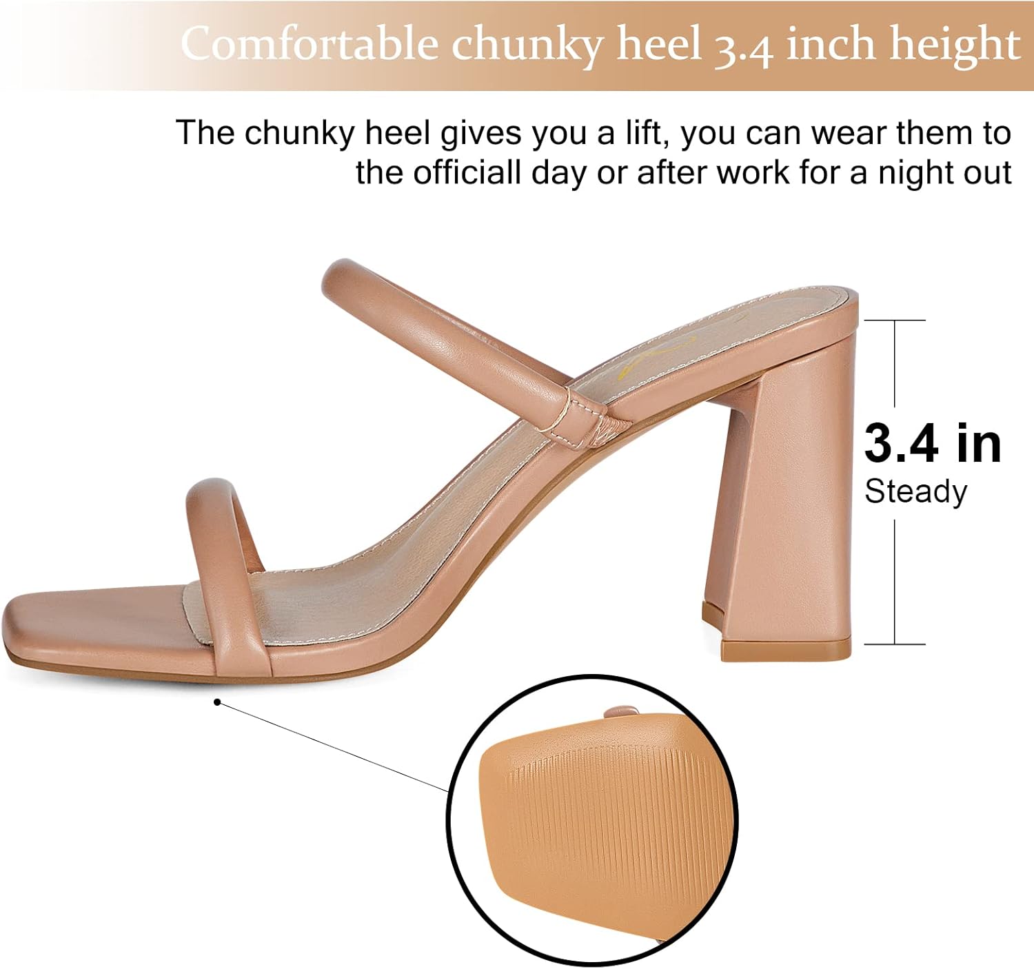 Athlefit Women's Square Open Toe Two Strap Heeled Sandals Slip On Block Chunky Heels Sandals - Image 3