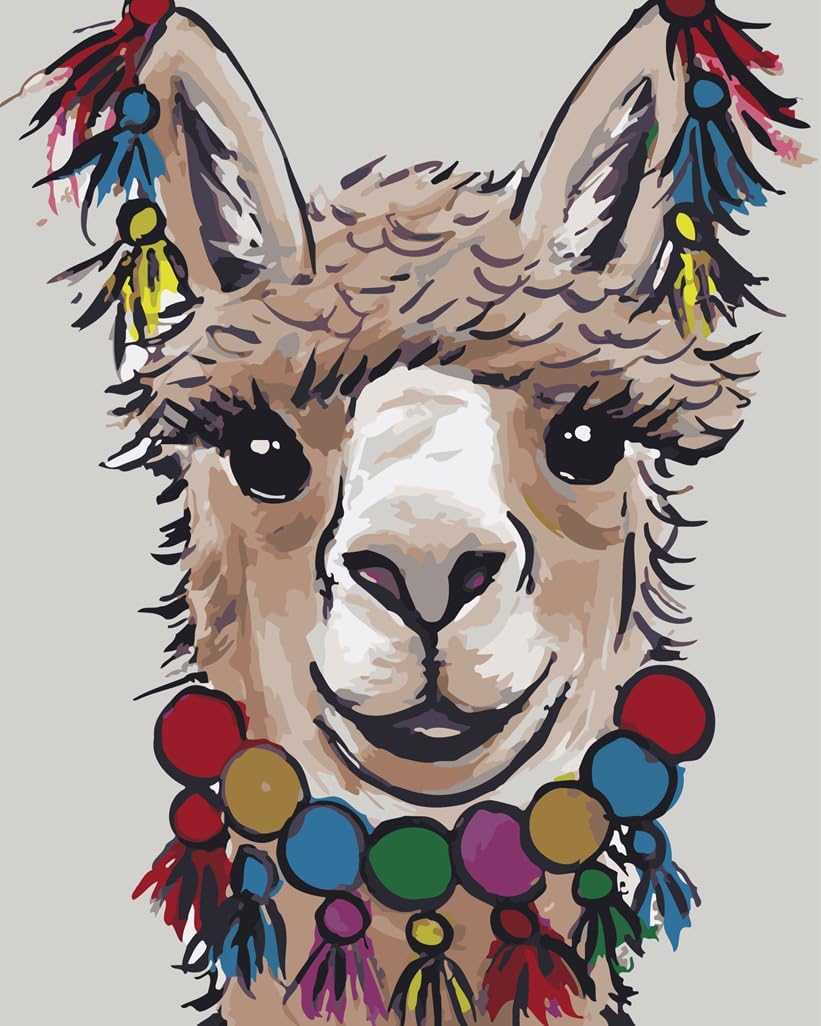AAJJCENS カラフルアクセサリーのアルパカ デジタル油絵キット 色とりどりの羽飾りアルパカ ナンバー塗り絵セット 自分でやる