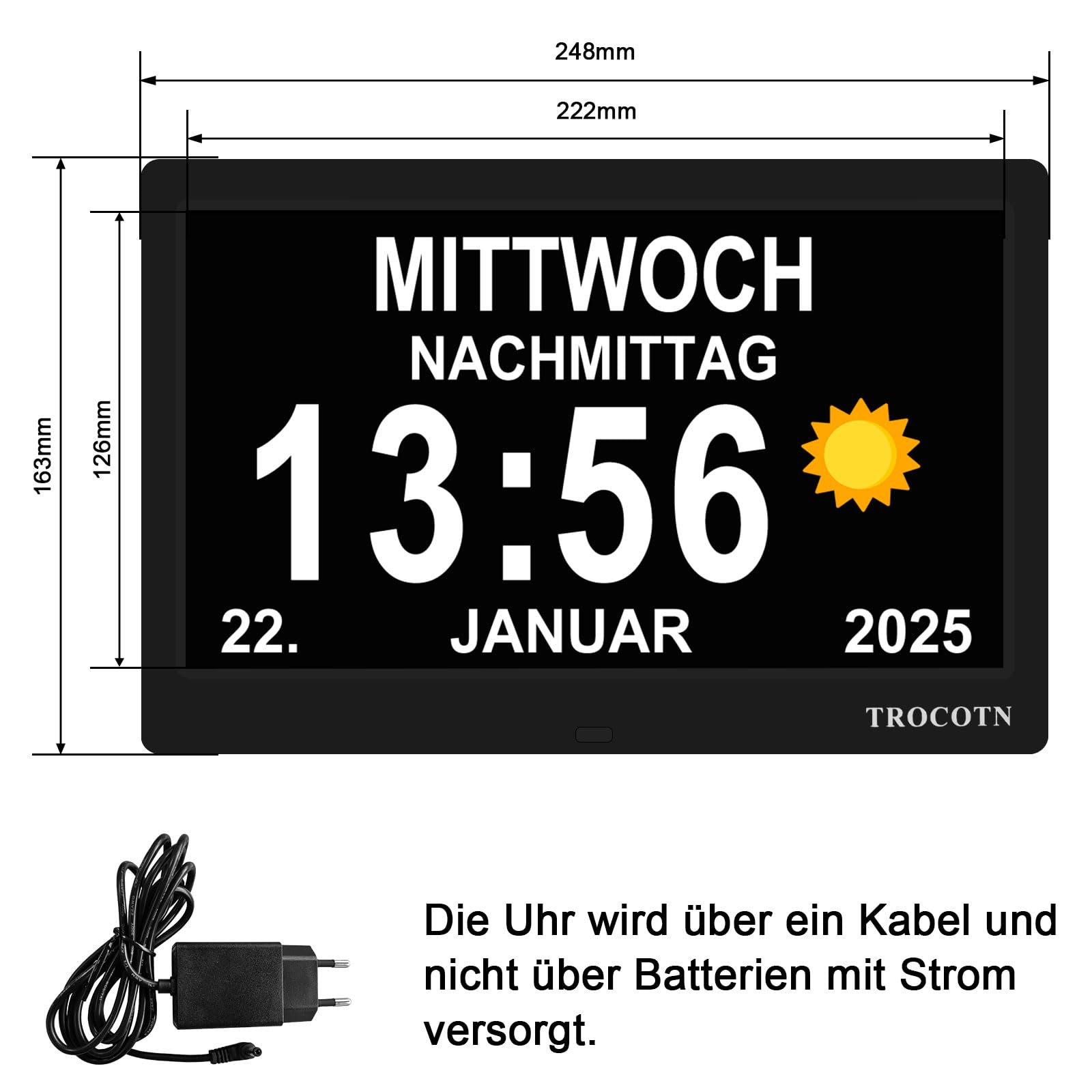 TROCOTN Demenz Uhr Senioren Digitale Uhr Tagesuhr Großes Display Wecker Wanduhr (Schwarz,10 Zoll)