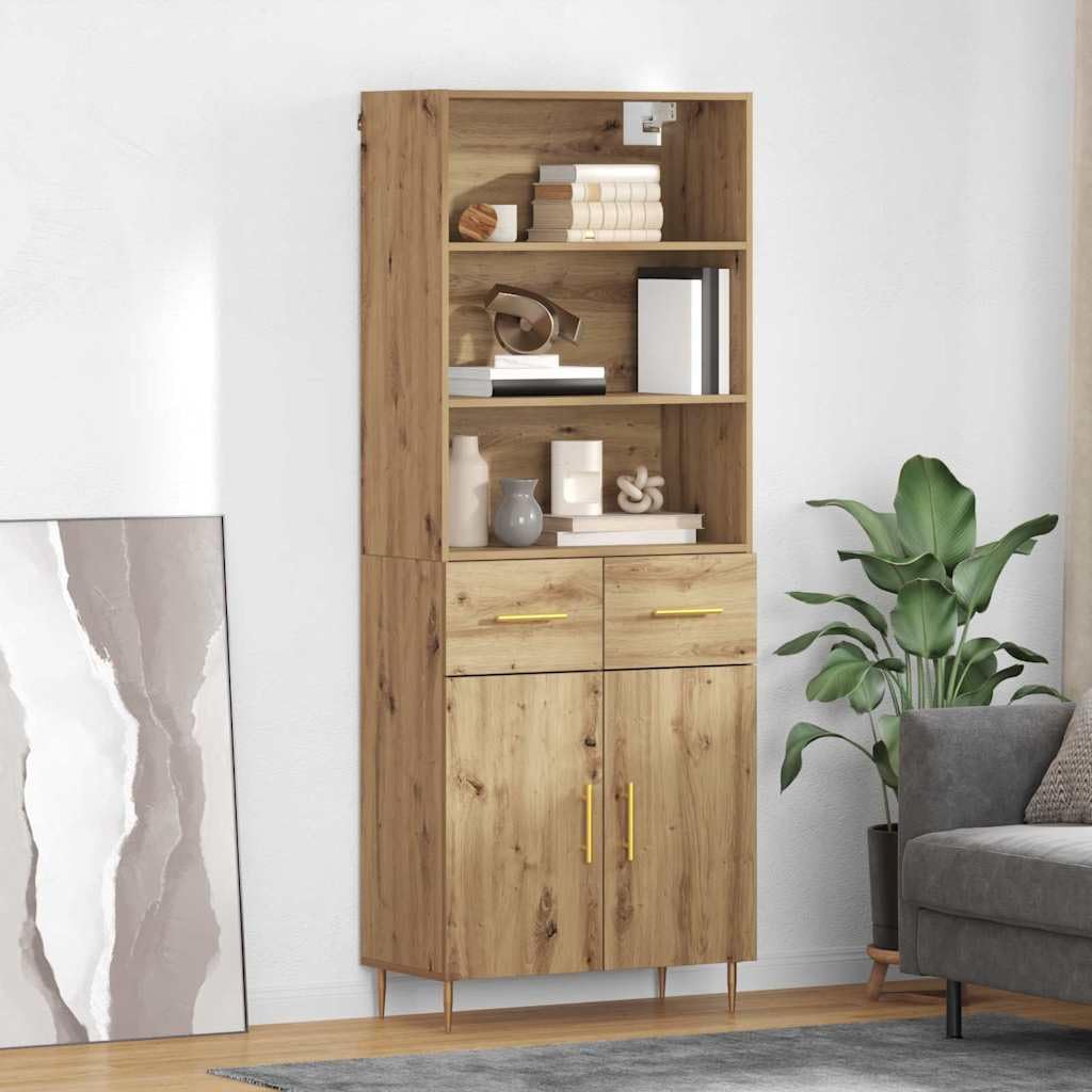 Armario alto de madera de roble Artisan, 69,5 x 34 x 180 cm, moderno armario alto de madera con cajón, diseño elegante para salón, comedor, almacenamiento versátil