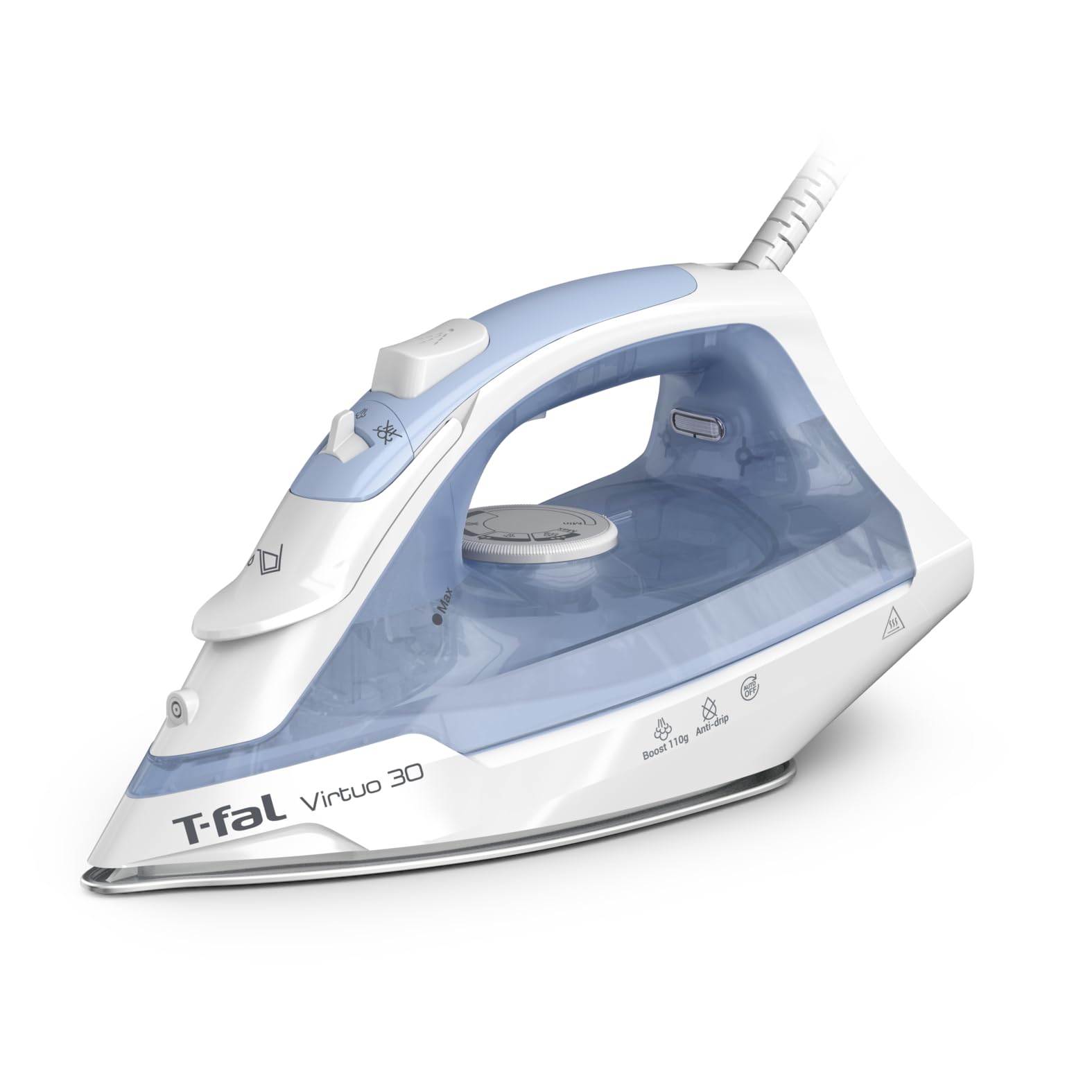 Plancha de vapor T Fal Virtuo para ropa, vaporizador de prendas, ráfaga de vapor, plancha y vaporizador portátil para ropa, suela antiadherente de cerámica, 1400 vatios, antigoteo, apagado automático, planchado fácil, color azul