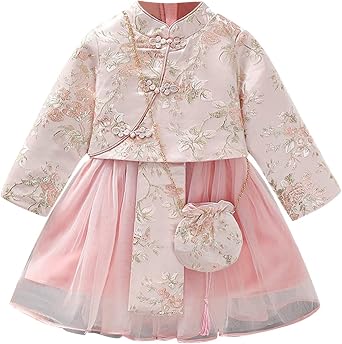 Girls Chinese New Year Dress Kids Fleece Lined Warm Princess Dresses Fairy Hanfu Embroidery Tang Suit with Bag