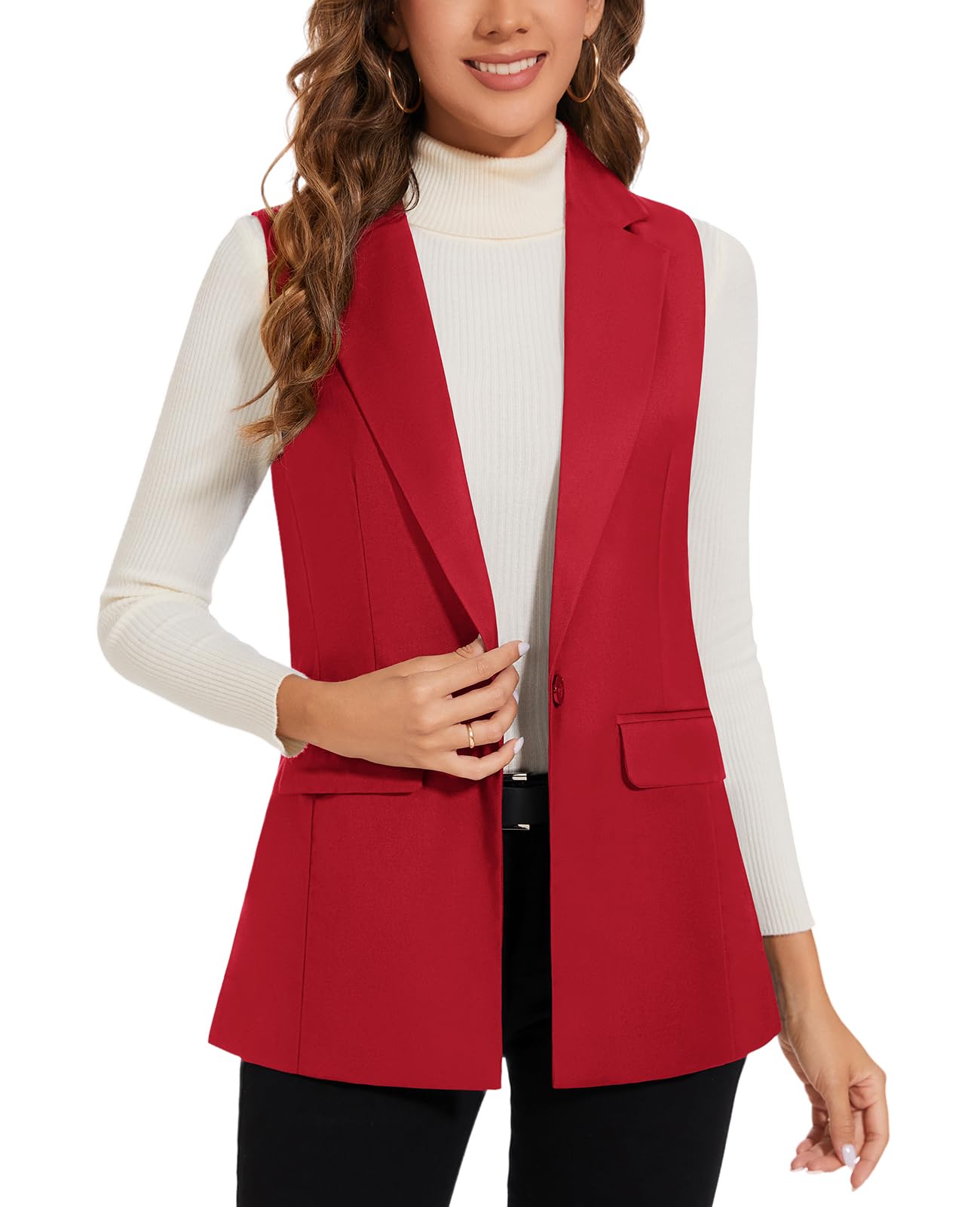 MINTLIMIT Womens Casual Vest Sleeveless Blazer Button Front Jacket Office Fully Lined Notched Lapel Long Blazers with Pockets
