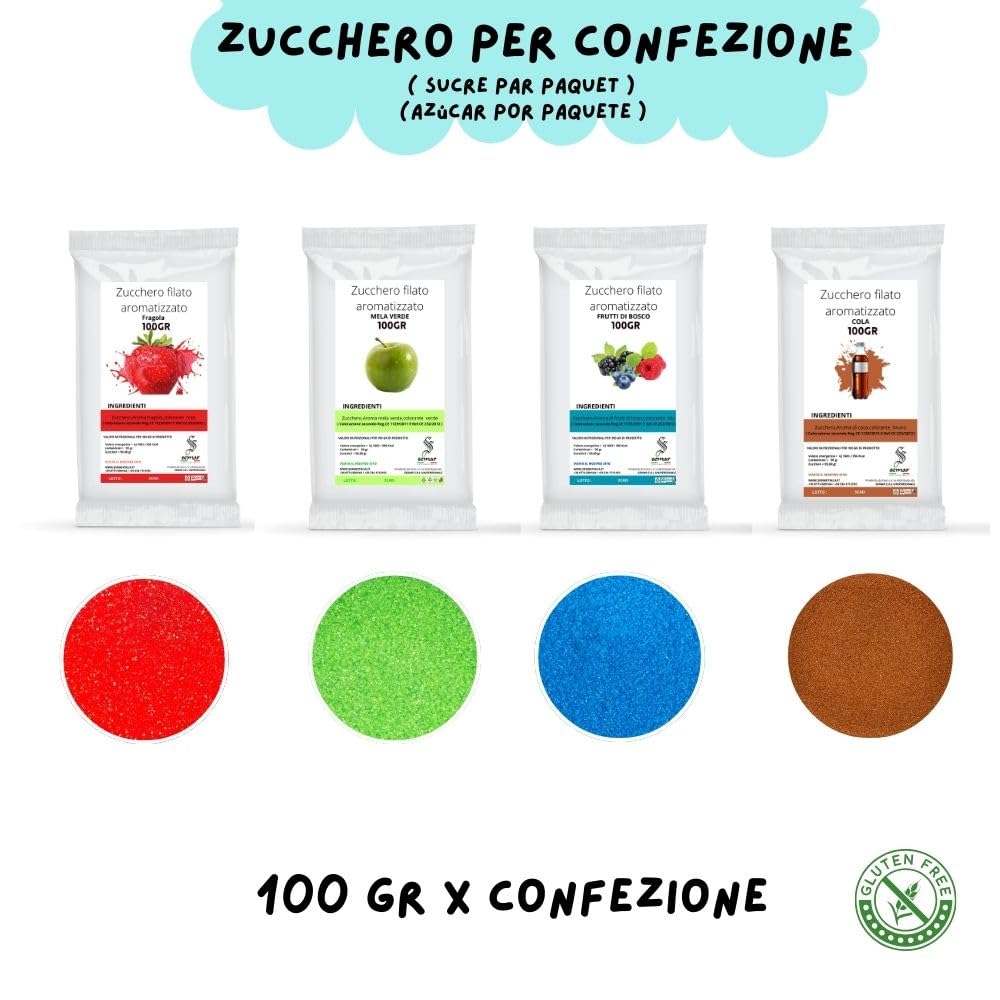 SEMAR | Zucchero per zucchero filato - 4 GUSTI di ZUCCHERO aromatizzato (1conf /100gr cad) + 100 bastoncini OMAGGIO (Fragola/Cola/Frutti di Bosco/Mela Verde)