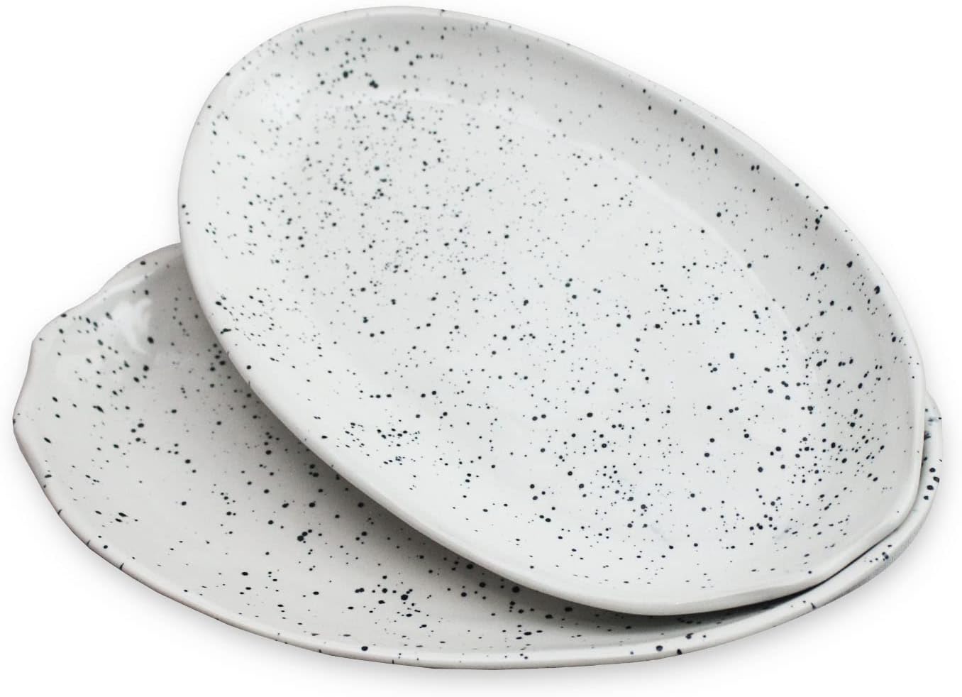 ROROCeramic Stoneware Handmade Glossy Speckled Spotted Oval White Dinner Plates set of 2, for dining and serving
