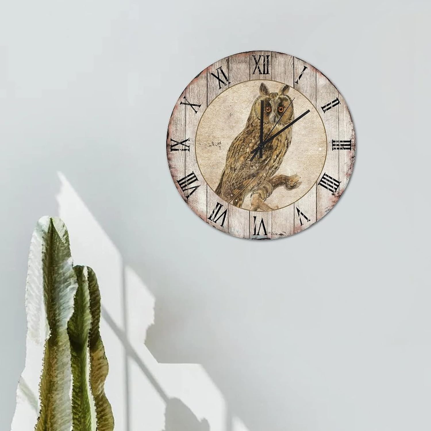 15in Hanging Clock Owl Standing on Branch Wooden Clock Vintage Wood Grain Country Style Non-Ticking Sweep Battery Operated Rustic Novelty Home Accessories for Home Dining Room School Patio image 4