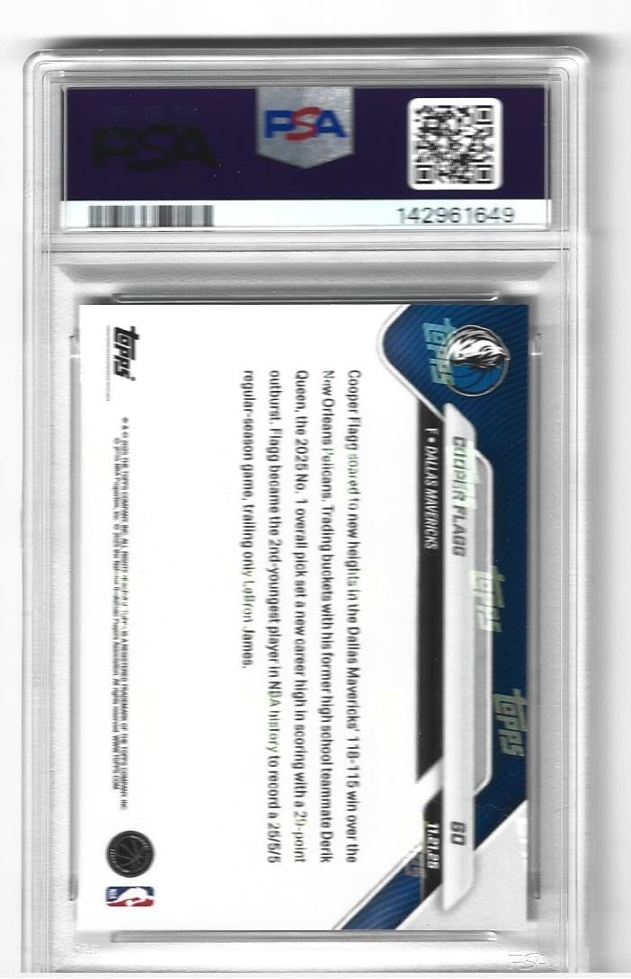 Graded Psa Gem Mint 10 Cooper Flagg 2025 Basketball Rookie Trading Card #60 Carrer Night Game Mavericks Rookie Superstar