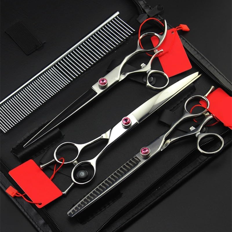 Dog Grooming Scissors Shears, 4PCS Japan 440c 7.5 Inch Rotation Pet Dog Grooming Hair Scissors Cutting Barber Thinning Shears Hairdressing Scissors Kit