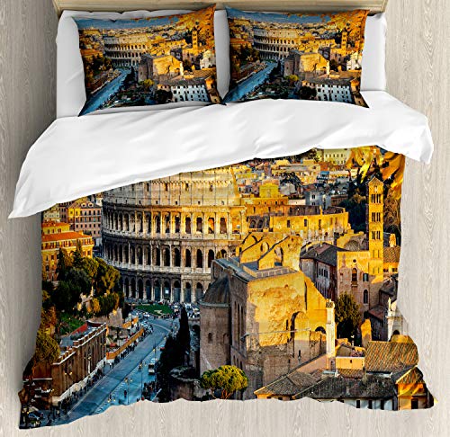 ABAKUHAUS Italia Funda Nórdica, Ver Coliseo en Roma, Estampado Lavable 3 Piezas con 2 Fundas de Almohada, 200 x 200 cm   70 x 50 cm, Marigold Marfil Azul pálido