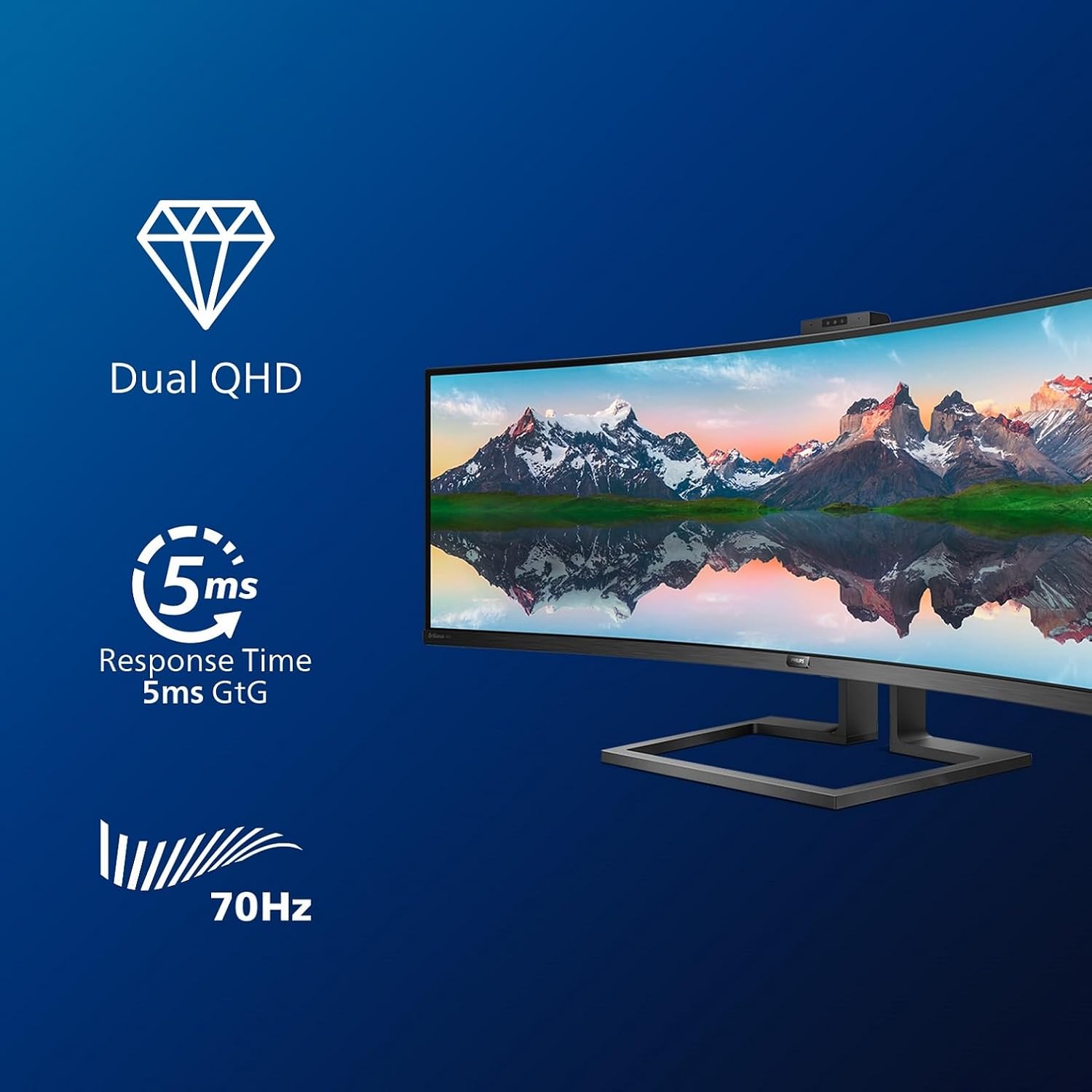 Icons representing key features like VA Wide Viewing Angle, Adaptive-Sync, Curved SuperWide, DisplayHDR 400, MultiClient Integrated KVM, and USB-C Docking