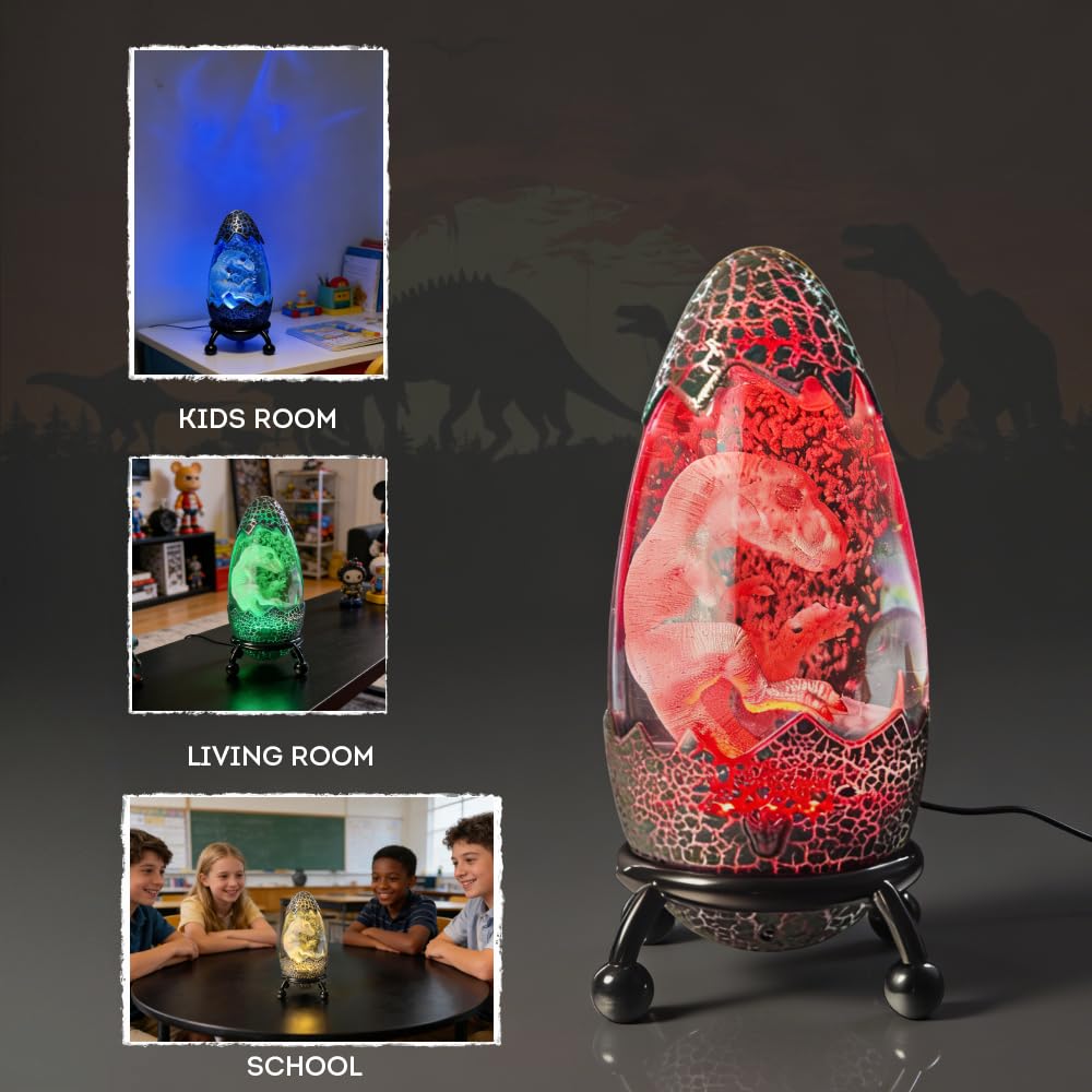 Lily's Home Lámpara de lava con luz nocturna de dinosaurio para habitación de niños, 1 pieza, control remoto de 12 colores, diseño de burbujas, brillo ajustable, 9.8 pulgadas de alto, alimentado por