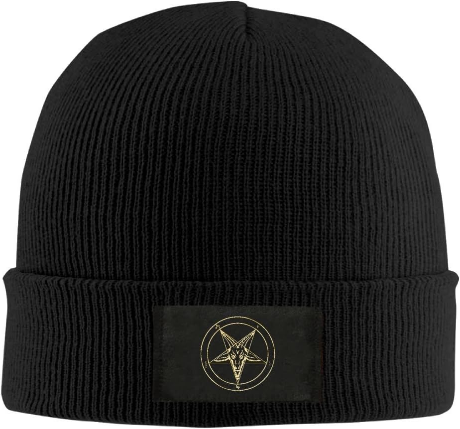 Gold Baphomet Inverted Pentacle Pewter Satanic Goat Head Unisex Knit Beanie Hat 100% Acrylic Daily Warm Soft Hats Black
