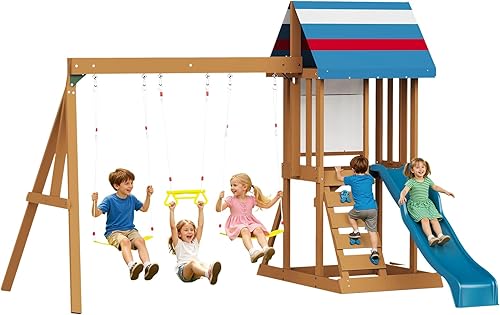 Albott Juego de columpios de madera para niños, gran casa de juegos de madera al aire libre con toboganes ondulados, columpios, pared de escalada y