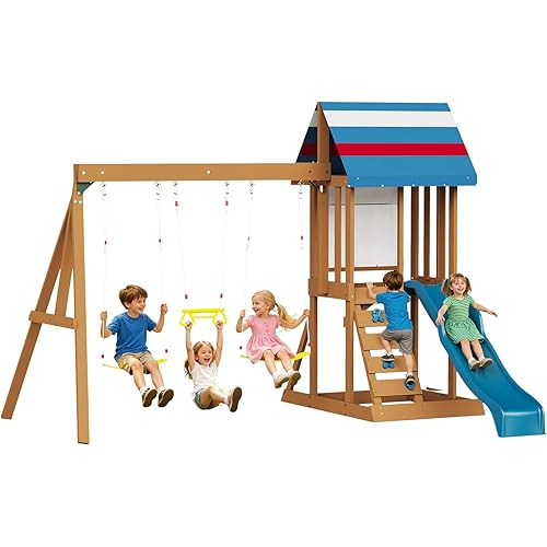Albott Wooden Swing Set for Kids, Outdoor 6-in-1 Wood Playset with Tower Playhouse, Wave Slide, Swings, Climbing Wall & Ladder, Backyard Playground for Ages 3–8, 99.6" D x 152.4" W x 96.5" H