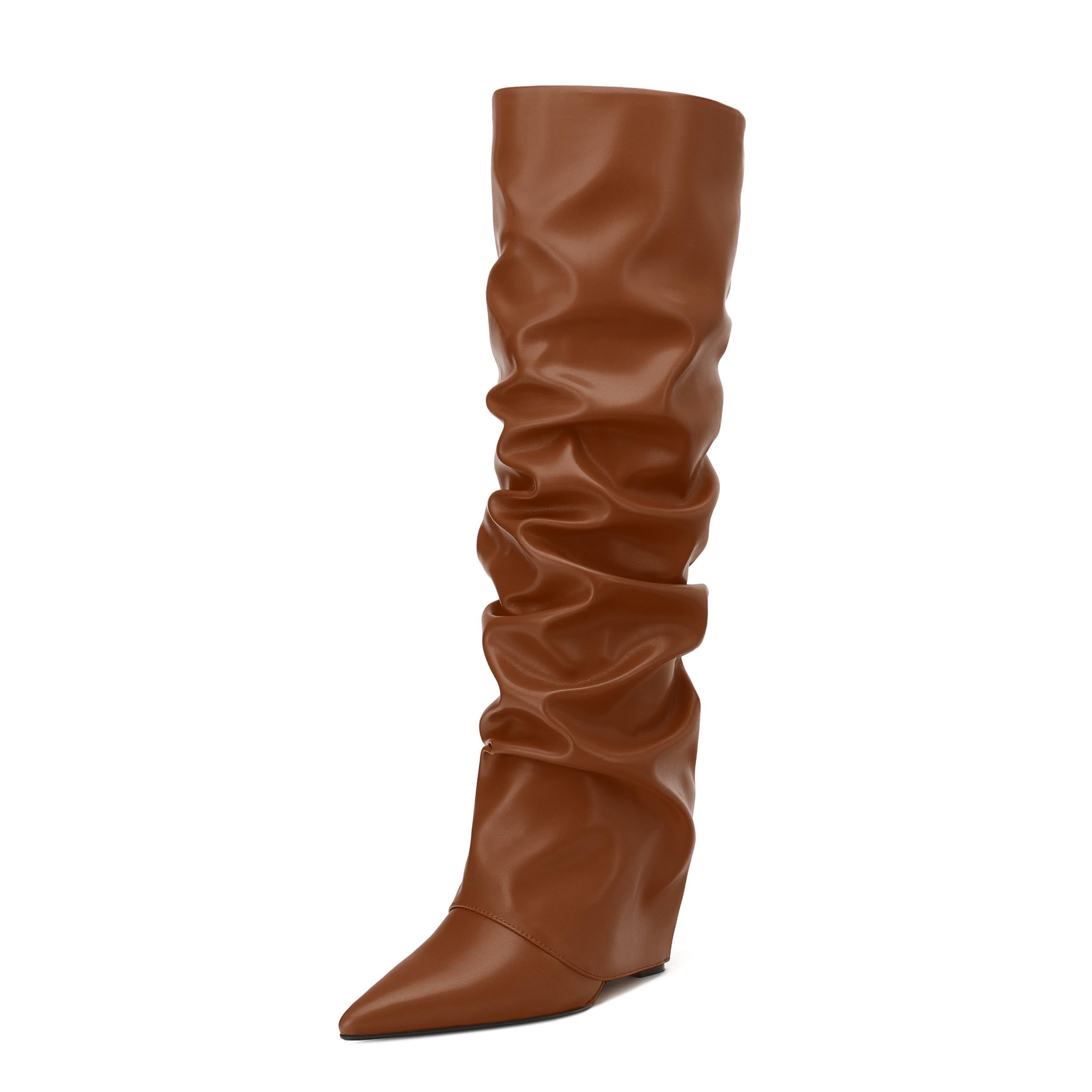 MODENCOCO Womens Fold Over Knee High Boots Wedge Heel Pointed Toe Boots High Heels Wide Calf Ruched Slouchy