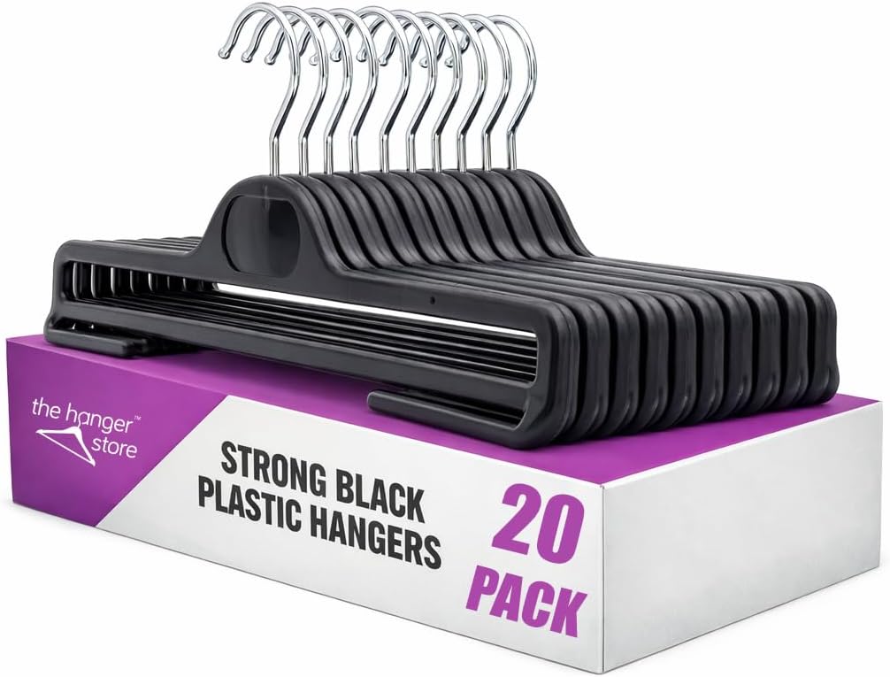 – 20 Black Plastic Coat Hangers with Bar for Trousers-Choose Pack Size & Colour