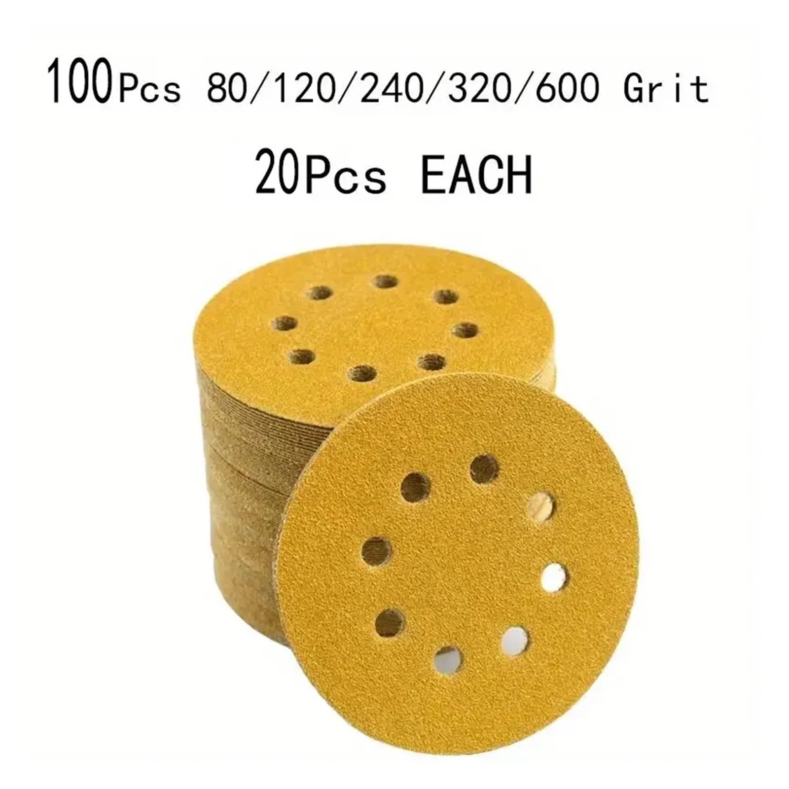 100 pezzi di carta vetrata gialla da 125 mm e 5 pollici, 8 fori, for dischi abrasivi, smerigliatrice, macchina, lavorazione del legno, metallo, disco abrasivo, lucidatura per Levigatrice(180)