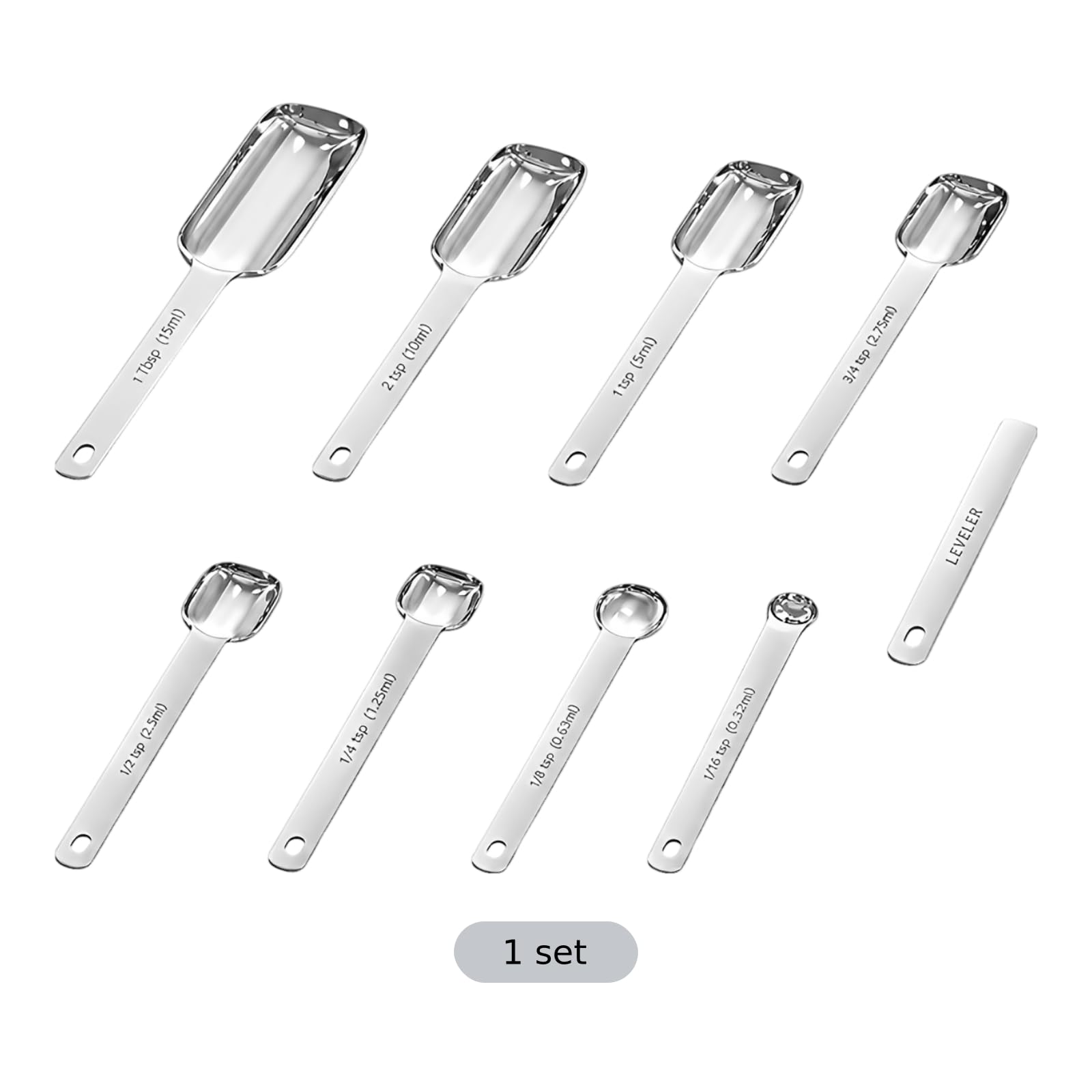 Lot de 9 cuillères doseuses carrées en acier inoxydable avec niveleur, double graduation métrique ml et US tsp/tbsp, finition miroir, empilables pour pâtisserie et cuisine