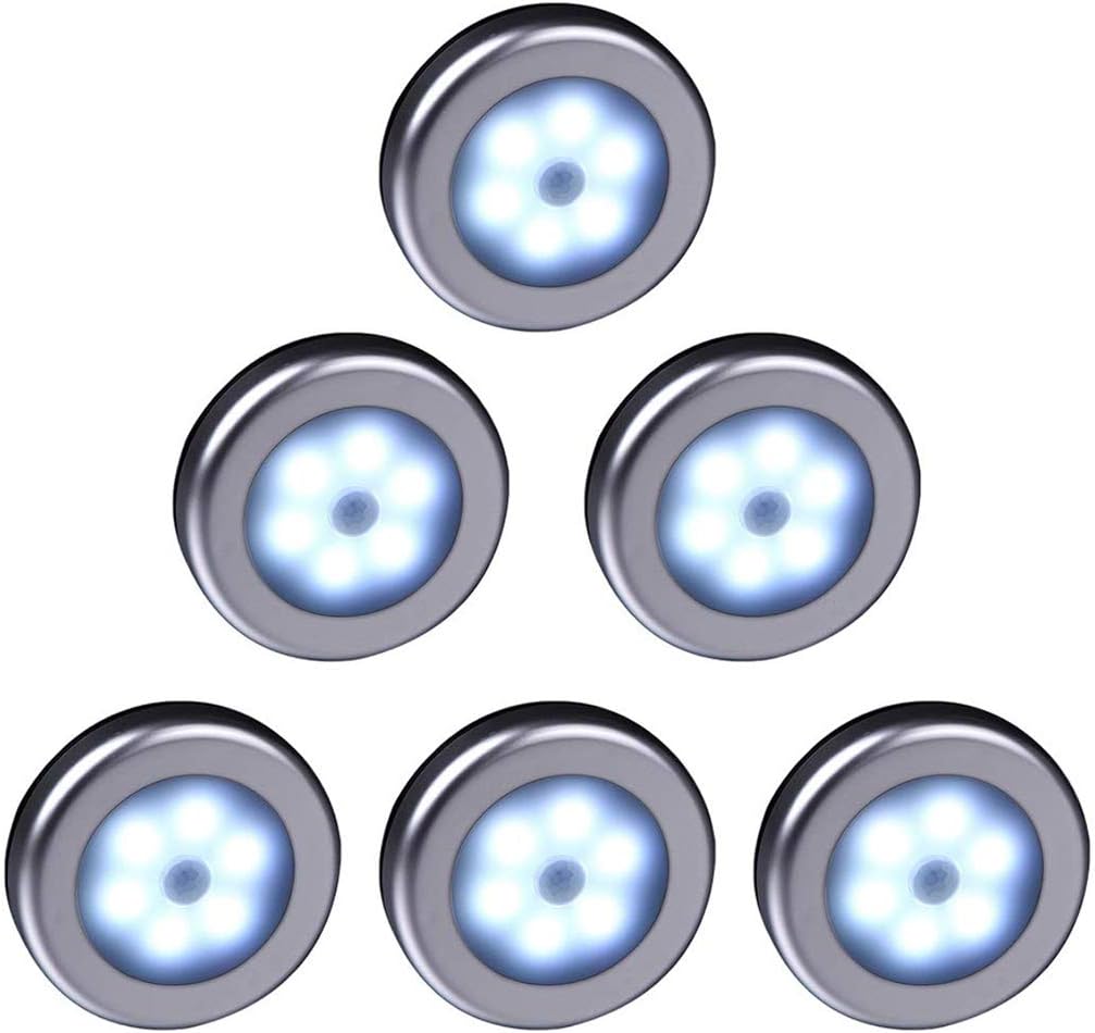 WRalwaysLX Wireless Motion Sensor LED Cabinet Light Stick-Anywhere Nightlight for Stairs, Hallway, Closet, Kitchen, Bedroom(009 6pcs Cool Light- Silver Shell)