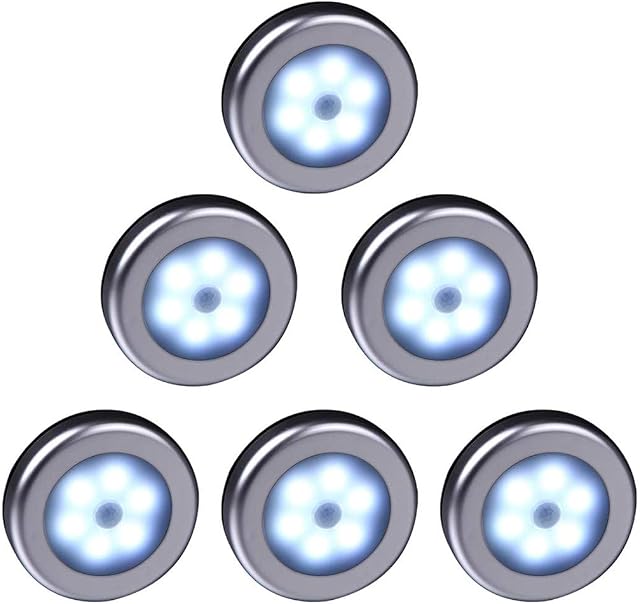 WRalwaysLX Wireless Motion Sensor LED Cabinet Light Stick-Anywhere Nightlight for Stairs, Hallway, Closet, Kitchen, Bedroom(009 6pcs Cool Light- Silver Shell)