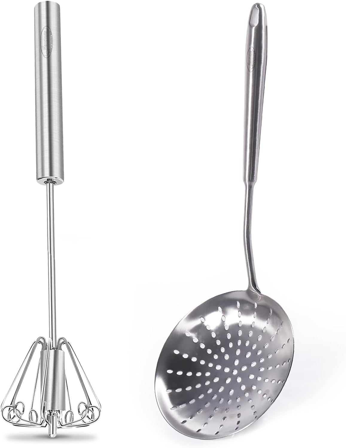 Newness Egg Whisk and Strainer Skimmer, Stainless Steel Cooking Utensil - Stainless Steel Kitchen Utensil - Durable Kitchen Gadgets - Metal Kitchen Accessories - Easy to Clean Kitchen Tools