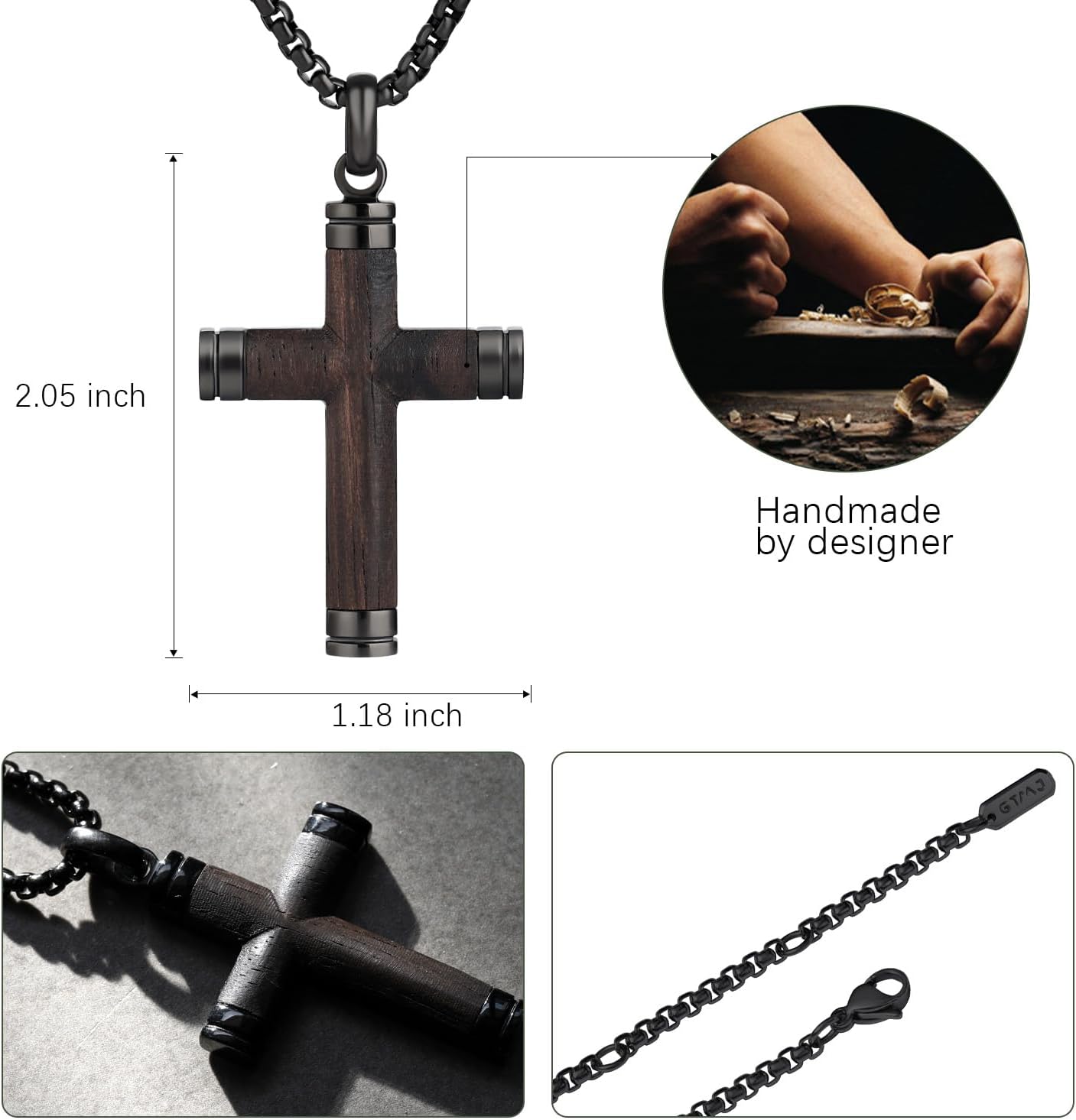 Cross Necklace for Men -Stainless Steel & Wood Adjustable Box Chain 24-26in, Spiritual Jewelry Gift for Him, Everyday Wear - Image 4