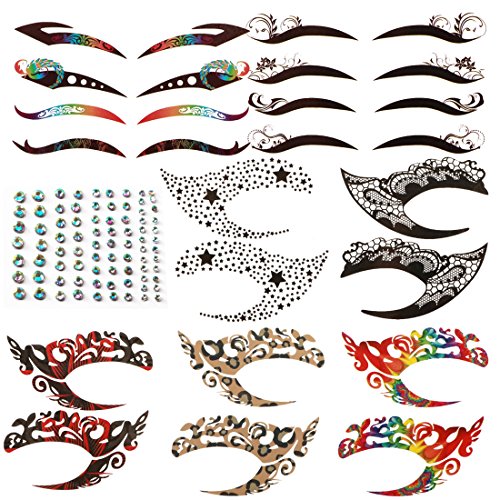 kilofly 8 Sets Temporary Eye Tattoo Makeup Transfer Stickers Crystal Gem Liners