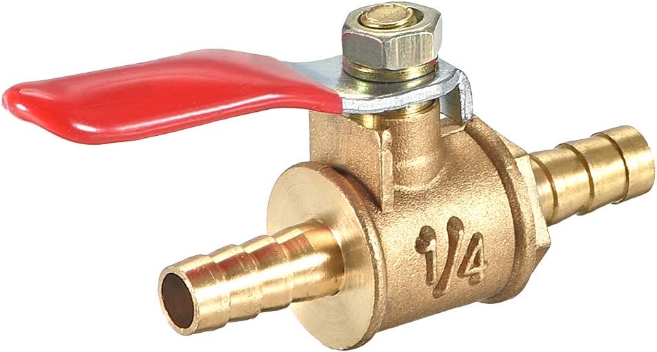 uxcell Ball Valve Shut-off Valve, 6.4mm Hose Barb to 6.4mm Hose Barb, Hose Pipe Tube Fittings, 180 Degree Operation Handle, Brass Valve, Pack of 1