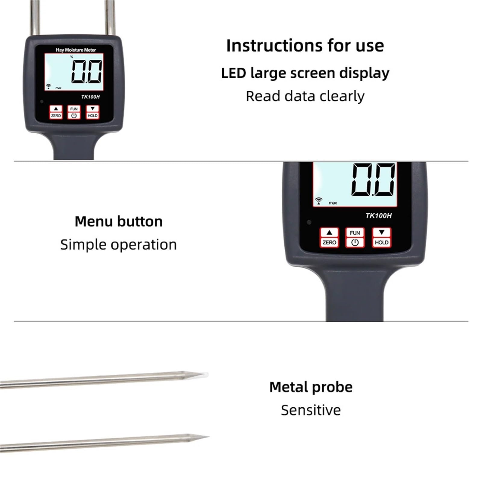 Heu Feuchtigkeit Meter Mit Hintergrundbeleuchtung for Alfalfa Futter Gras Leymus Chinensis Obstgarten Messung Werkzeug Hohe Empfindlichkeit