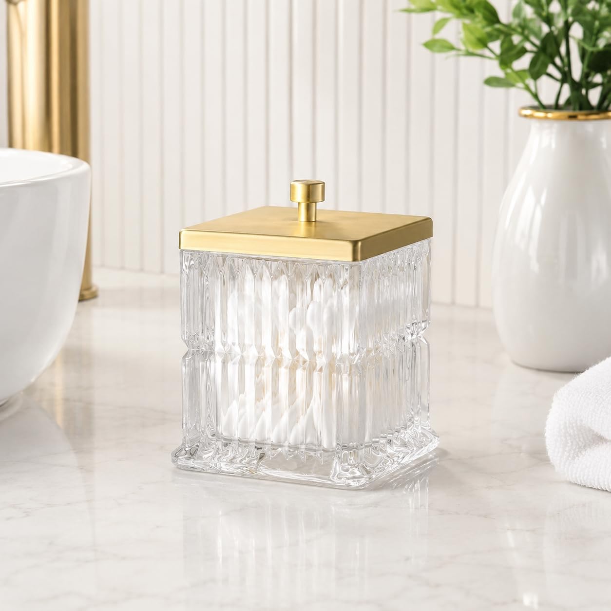 Vince Camuto Home Glass Cotton Jar Holder – Matte Gold Lid, Elegant Bathroom Storage Canister for Qtips, Cotton Balls, Floss, Makeup Organizer, Vanity & Bathroom Organization