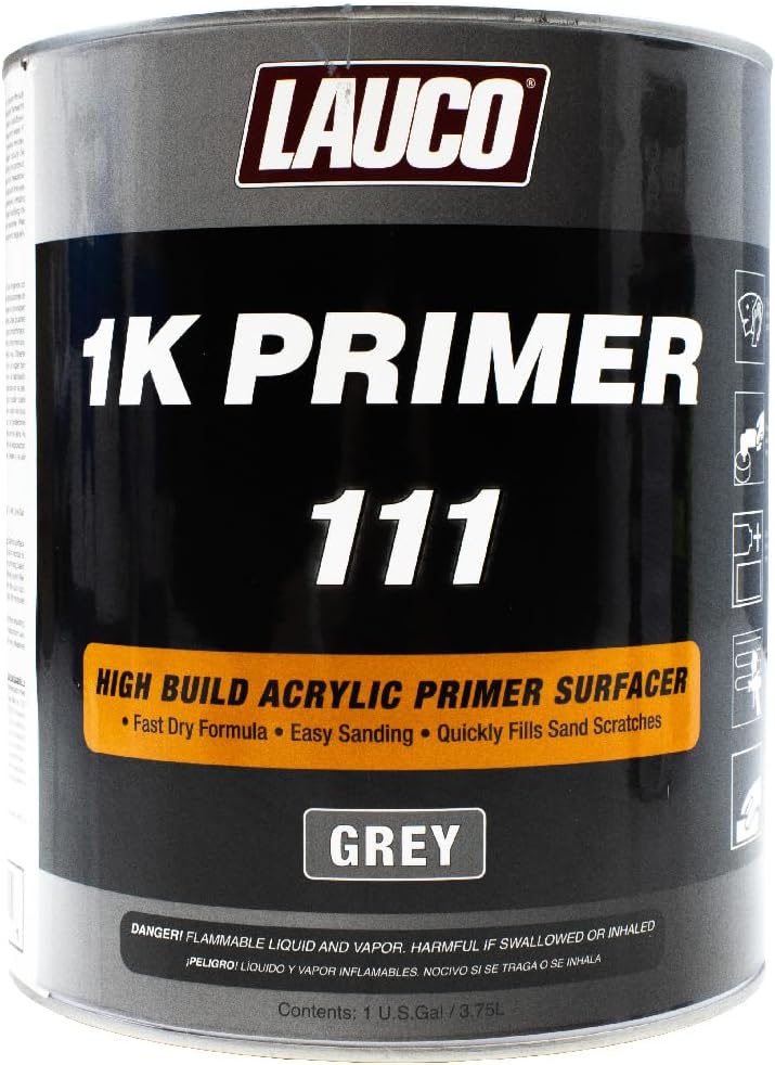 LAUCO 1K High Build Grey Acrylic Primer Surfacer – Fast Drying, Easy Sanding, Excellent Adhesion – For Metal, Steel, and Body Filler – Automotive & Industrial Use, 1 Gallon 111