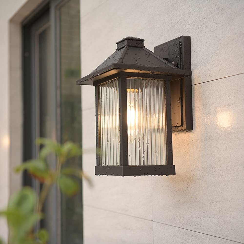 Applique da Parete per Esterni, Applique da Parete per Giardino, Applique da Parete Quadrata Classica Nera Impermeabile per Esterni con Paralume in Vetro a Strisce, lampa(Brown