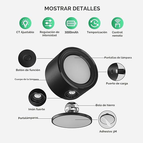 Miniatura 6 de Lightbiz Luces LED de Pared Montadas 2 Piezas con Control Remoto, Lámpara de Apliques de Pared con Batería Recargable de 3000mAh Operadas con Negro