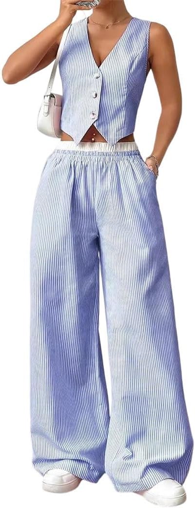 Women Summer Striped Trousers Set Loose Street Style Sleeveless Vest Single Breasted Top Two Piece