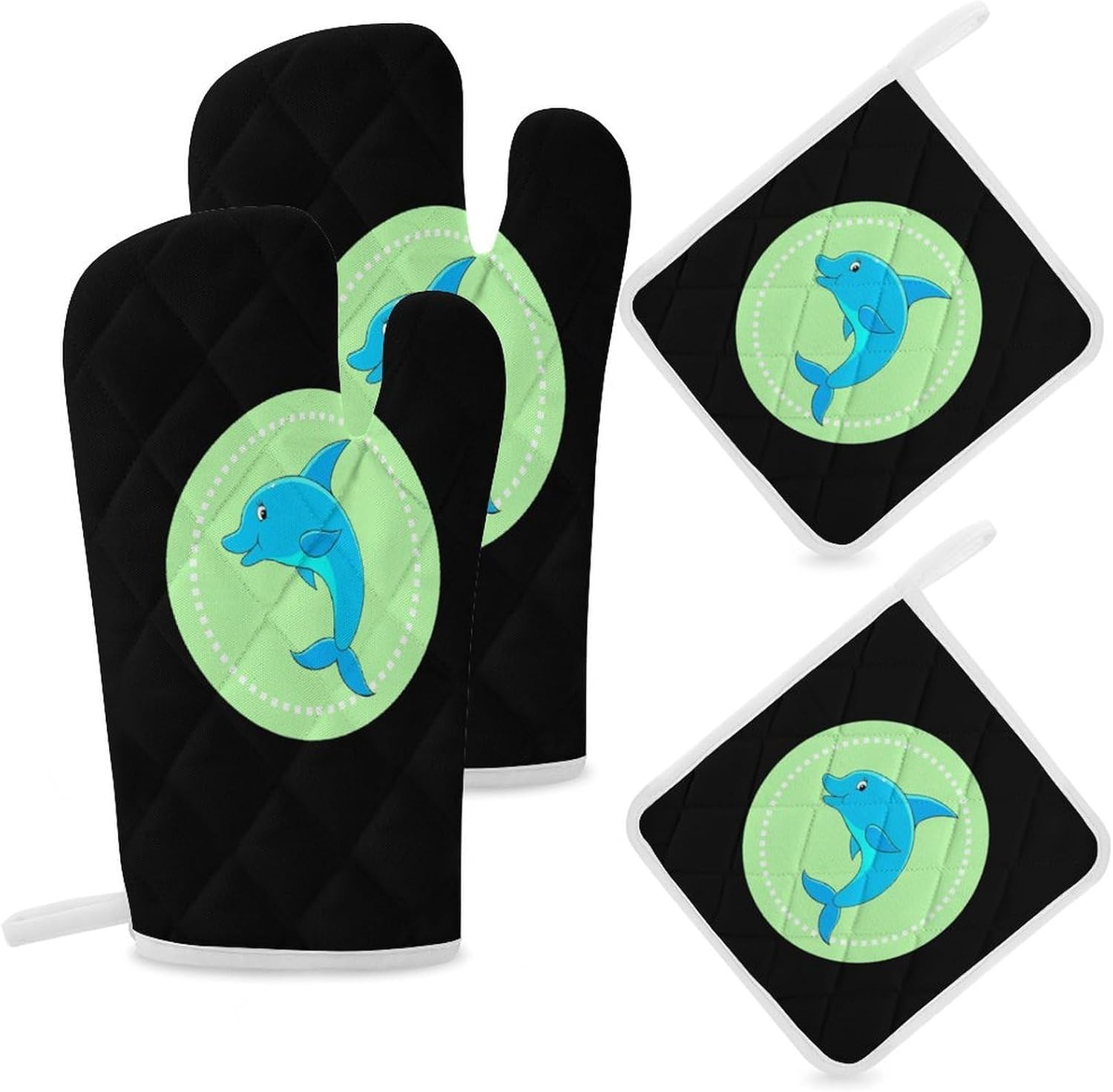 Dolphin Oven Mitts and Pot Holders 4Pcs Set Heat Resistant Cooking Mitts Hot Pads