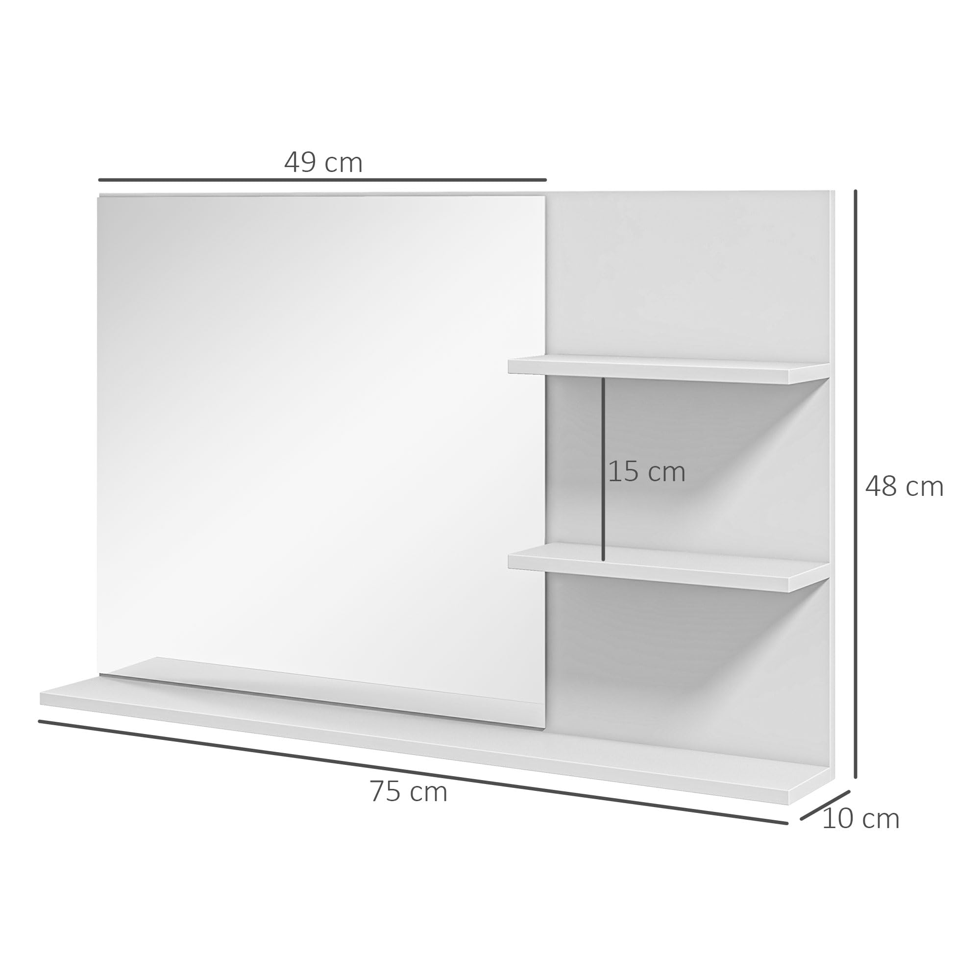 kleankin Specchio Bagno Moderno con 2 Ripiani Laterali e Ripiano Inferiore, Specchio da Parete in MDF e Vetro, 75x10x48 cm, Bianco