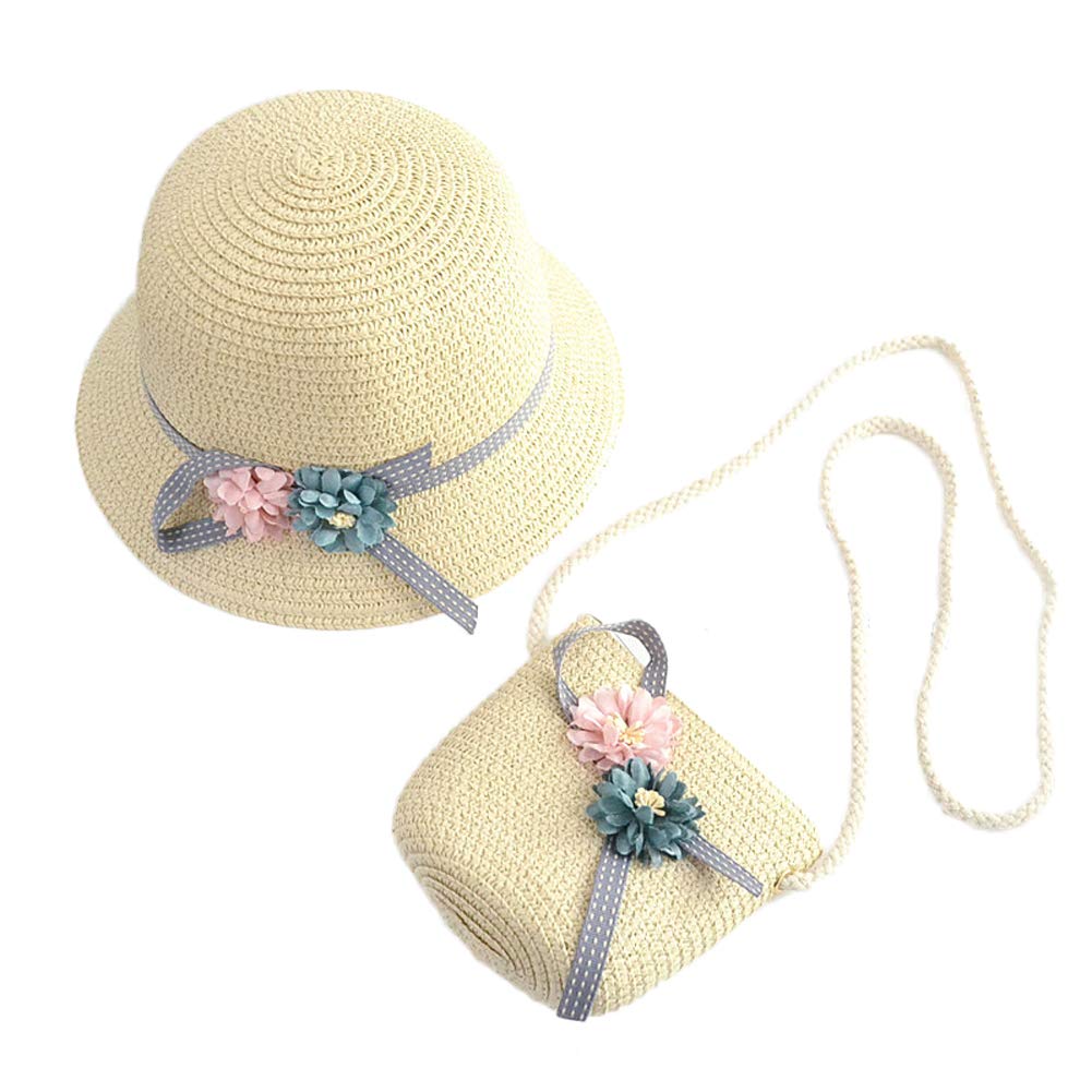 WeeH Girls Summer Hat Bag Set Wide Brim Hat Sun Beach Hats with Shoulder Bag