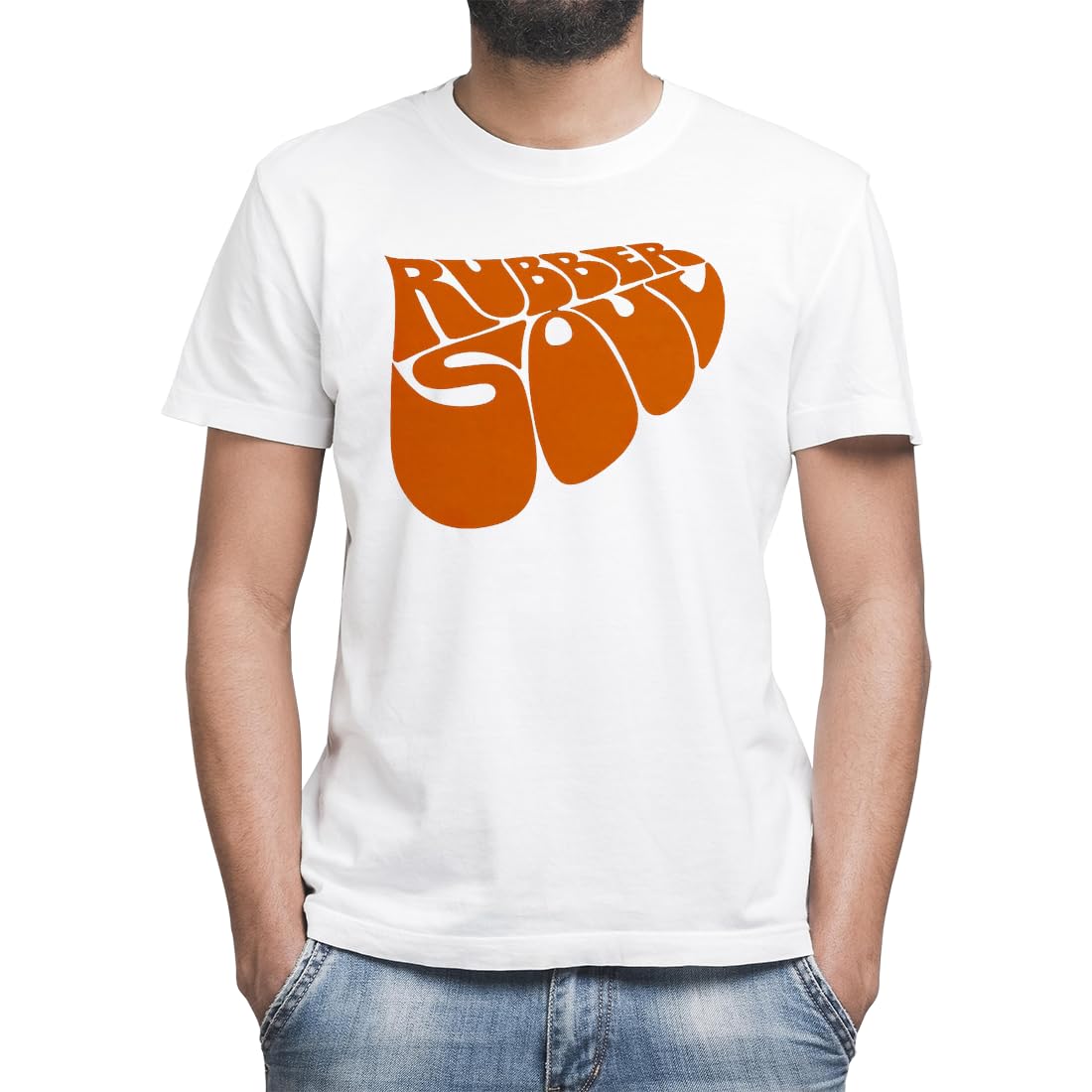 Moonai Rubber Soul Orange Logo T-Shirt Blanc Classique Homme Col Rond Manches Courtes - Les Beatles, Paul McCartney, John Lennon, RIngo Starr, George Harrison Moonai Rubber Soul Orange Logo T-Shirt Blanc Classique Homme Col Rond Manches Courtes