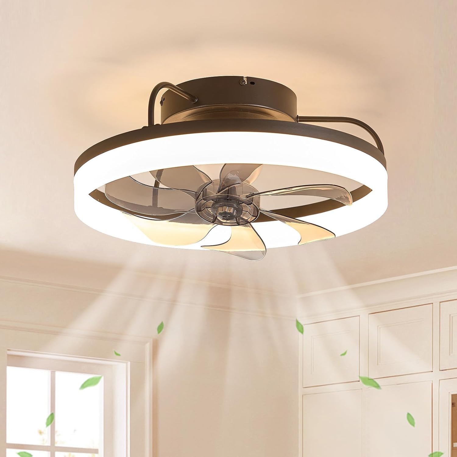 360° Rotating Ceiling Fan with Lights and Remote, 19.7" Low Profile Ceiling Fans 6 Wind Speeds, Modern Smart Dimmable LED Fandelier for Bedroom, Kids Room