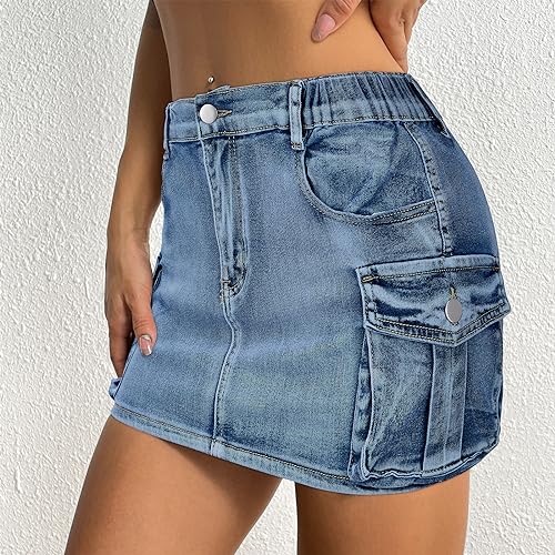 Saia jeans feminina de cintura baixa com bolsos Y2K Mini Button Jean Skirt, Azul escuro, M