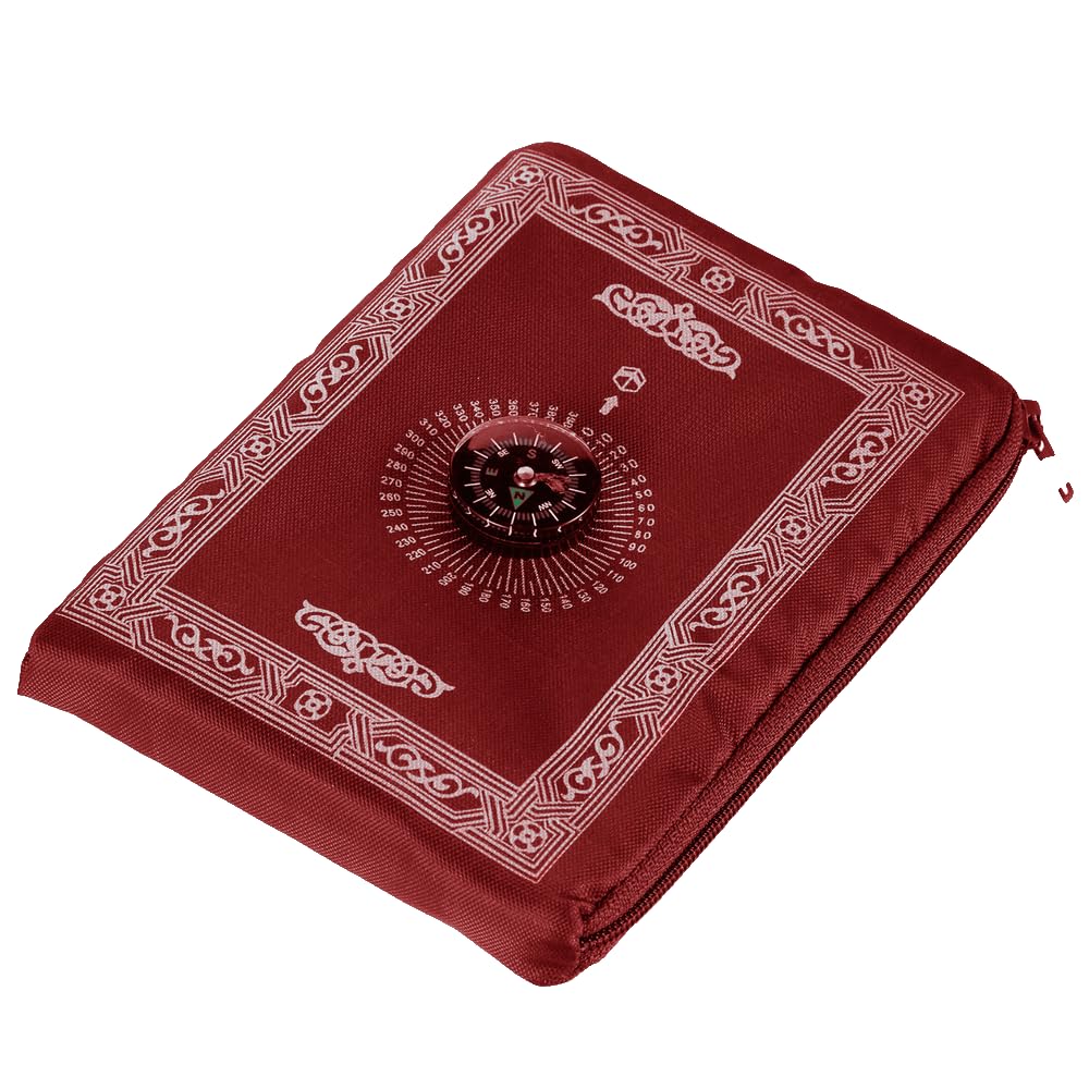 Desert Dress Men's Maroon Muslim Portable Pocket Travel Prayer Mat Rug With Qibla Kaaba Compas In Pouch (Maroon)