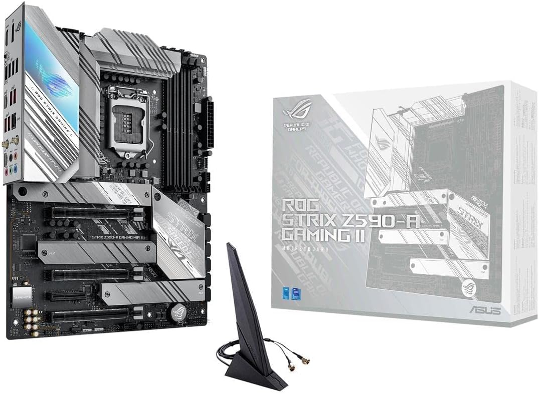 Asus ROG Strix Z590-A Gaming WiFi II LGA1200(Intel 11th/10thGen)ATX WhiteScheme Gaming Motherboard (14+2PowerStages,DDR4 5133,WiFi6 AX201,Intel2.5Gb LAN,Thunderbolt4,3x M.2/NVMe SSD, AURARGB lighting)