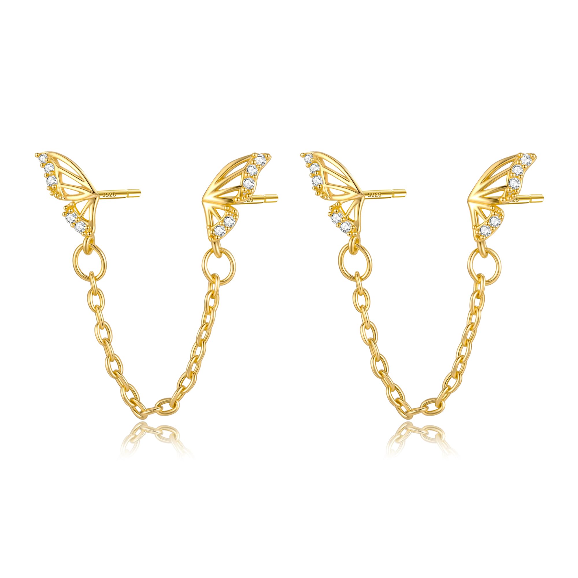 Small Butterfly Stud Earrings for Women 925 Sterling Silver Post 14K Gold Plated Tiny Cubic Zirconia Cartilage Butterfly Earrings