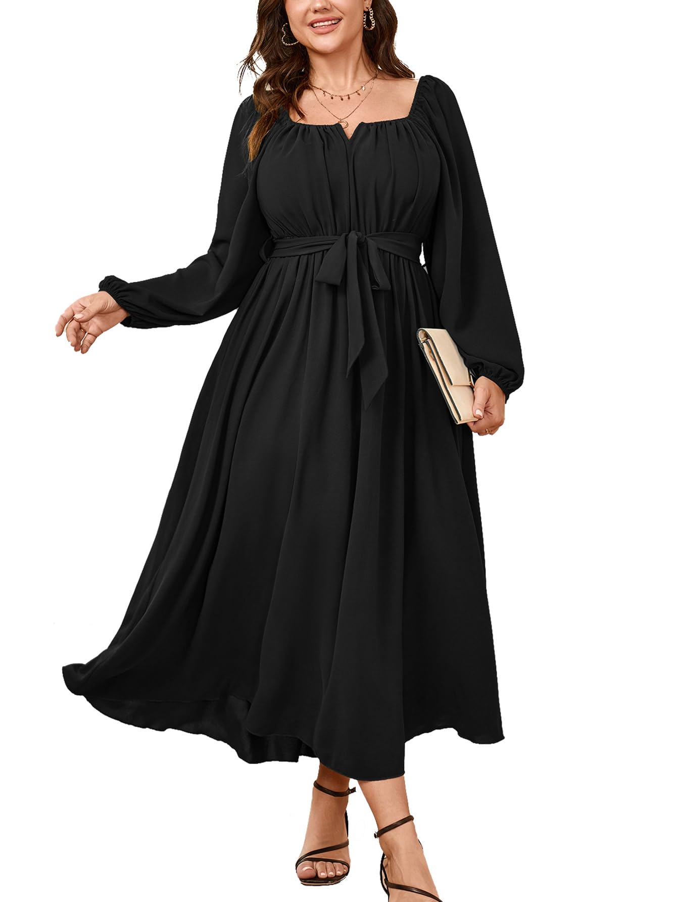 SCOMCHIC Women Plus Size Maxi Dress Long Sleeve Square Neck Wedding Guest Cocktail Belted Elegant Flowy A Line Long Dresses