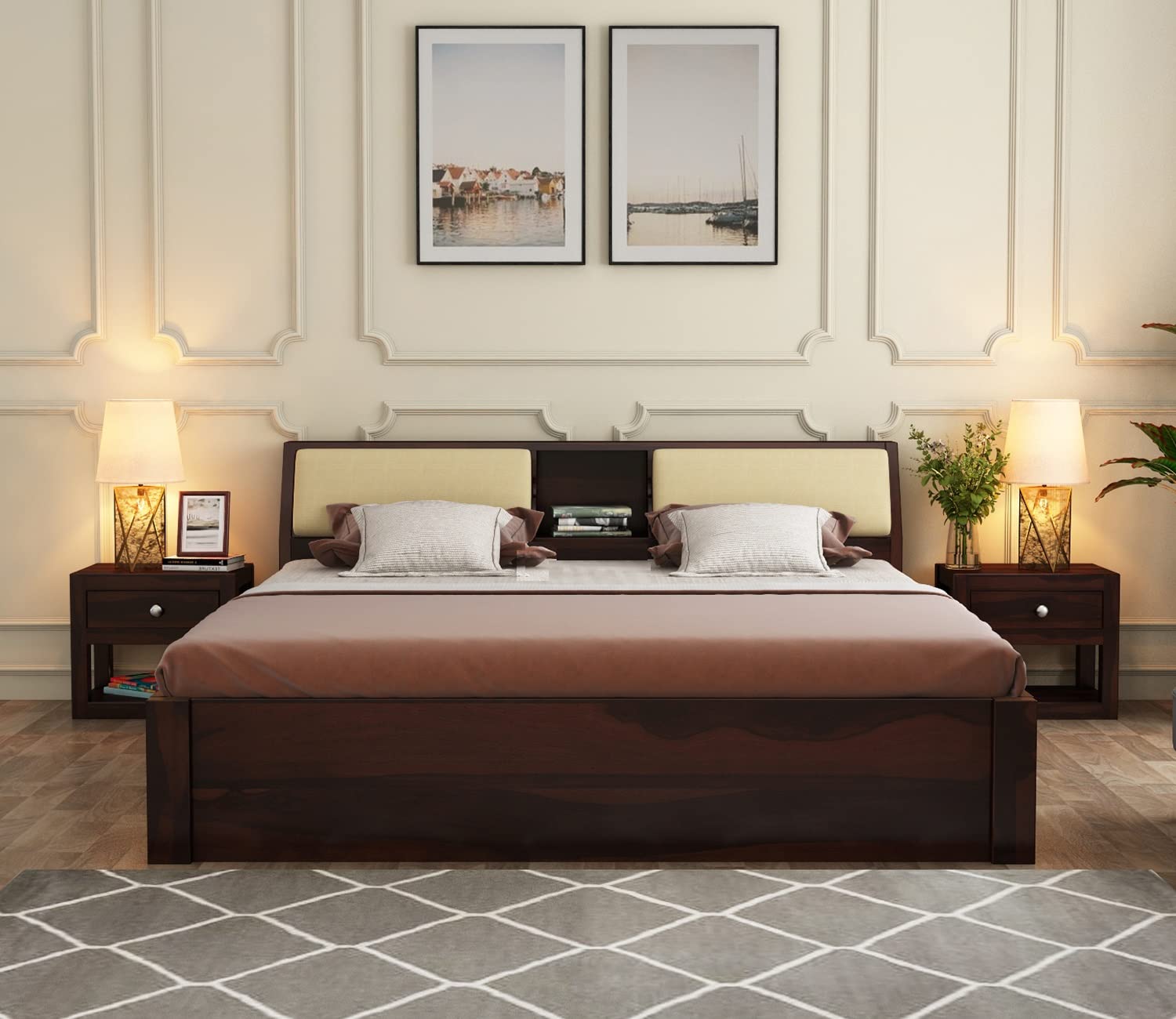 Sheesham Wood Double Bed Without Storage Wooden Cot Palang for Bedroom Living Room Furniture (Walnut, Headboard King)