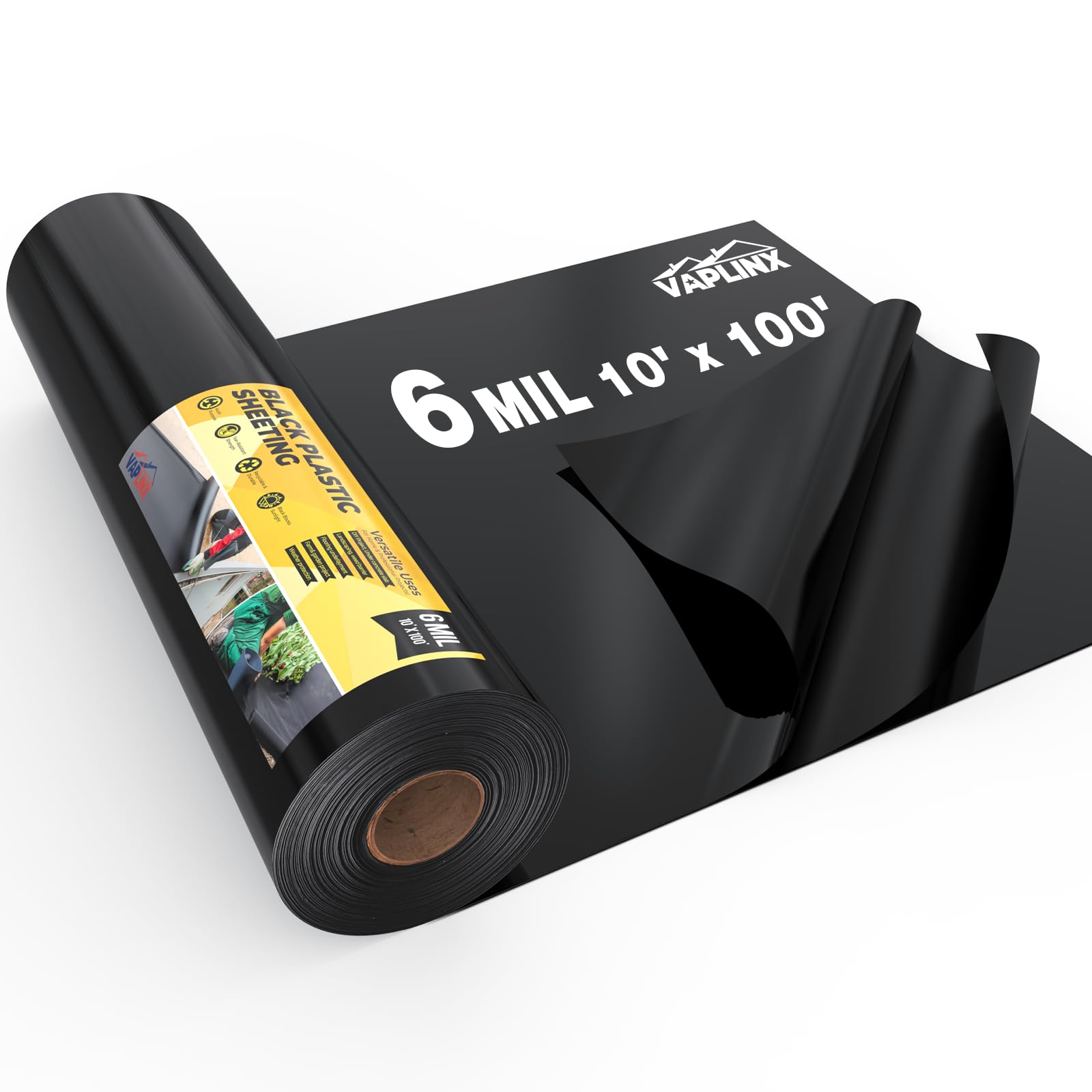 6 Mil Black Plastic Sheeting 10x100 FT – Heavy Duty Polyethylene Plastic Rolls for Garden, Black Plastic Rolls for Crawl Space Vapor Barrier,