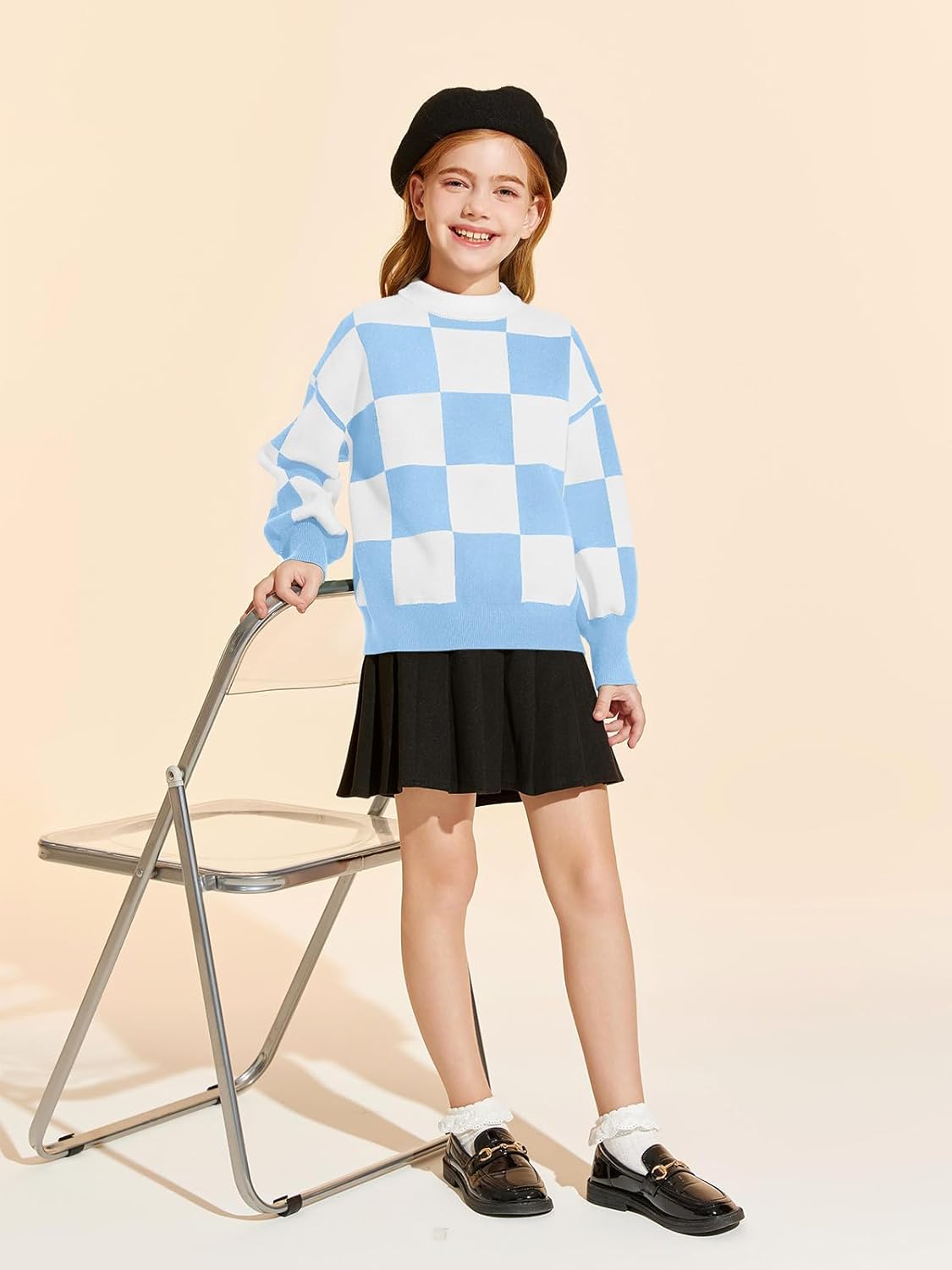 Girls Sweaters Kids Fashion Plaid Mock Neck Pullover Sweater Tops 5-14 Years - Image 3