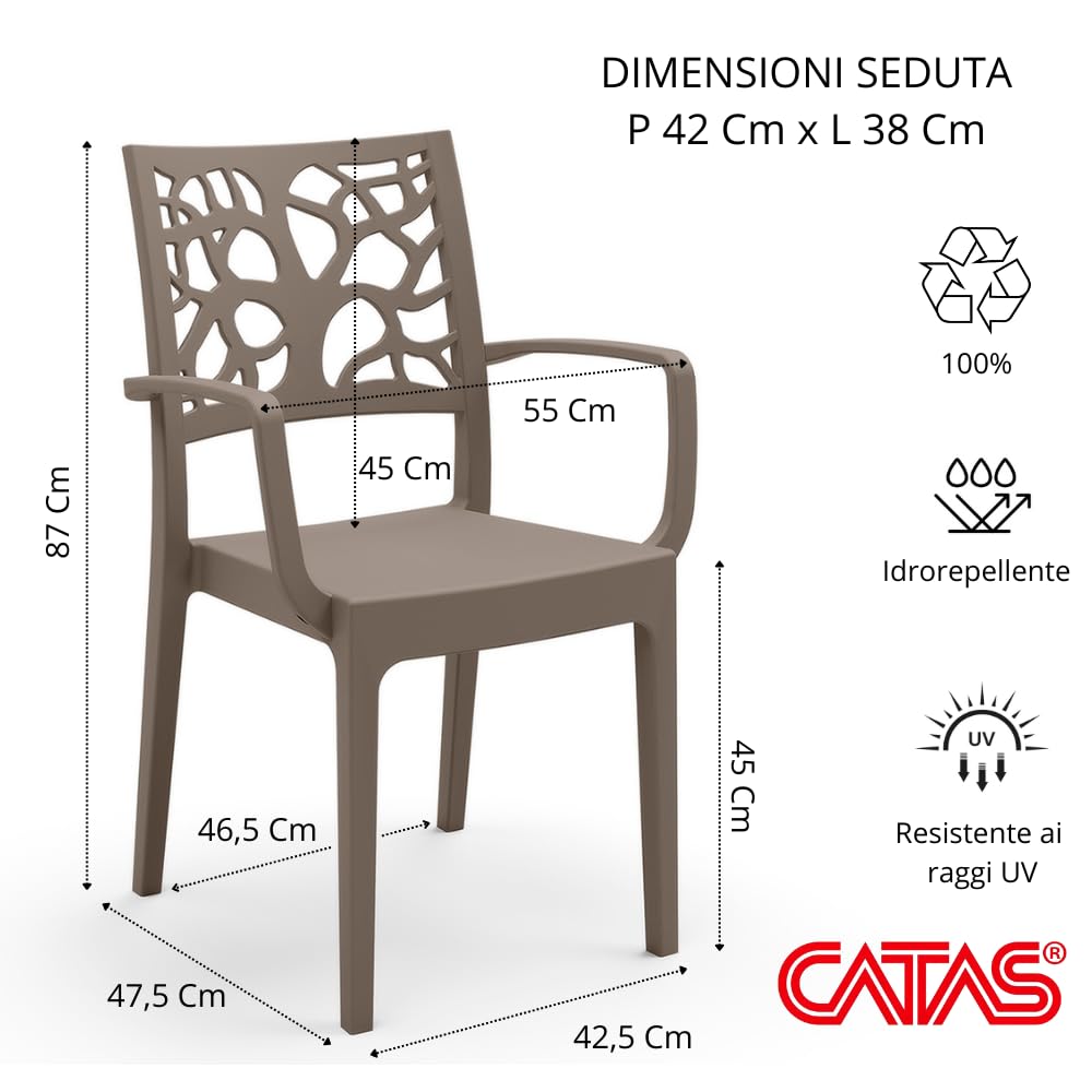 REDÒKASA Sedia con braccioli in polipropilene TETI, con e senza braccioli, impilabile, resistente ai raggi UV, design moderno, ideale per ambienti interni ed esterni (1, Tortora - Con Braccioli)